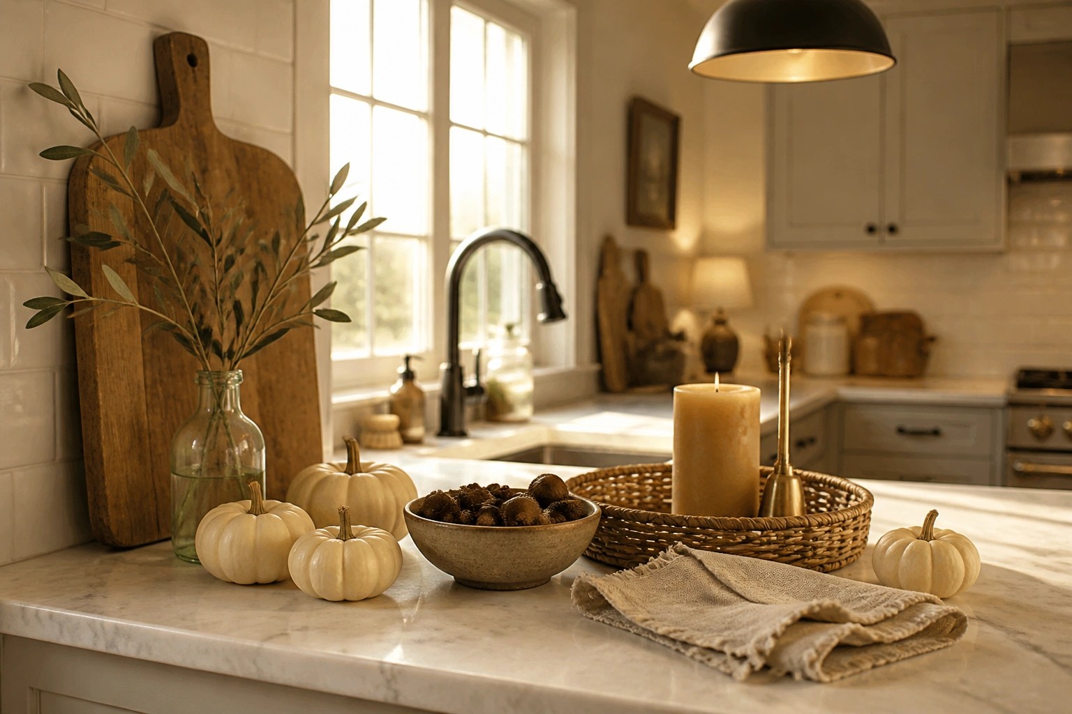 A white marble kitchen countertop holds several small white pumpkins, a lit candle in a woven tray, a wooden bowl, and a glass vase with branches.