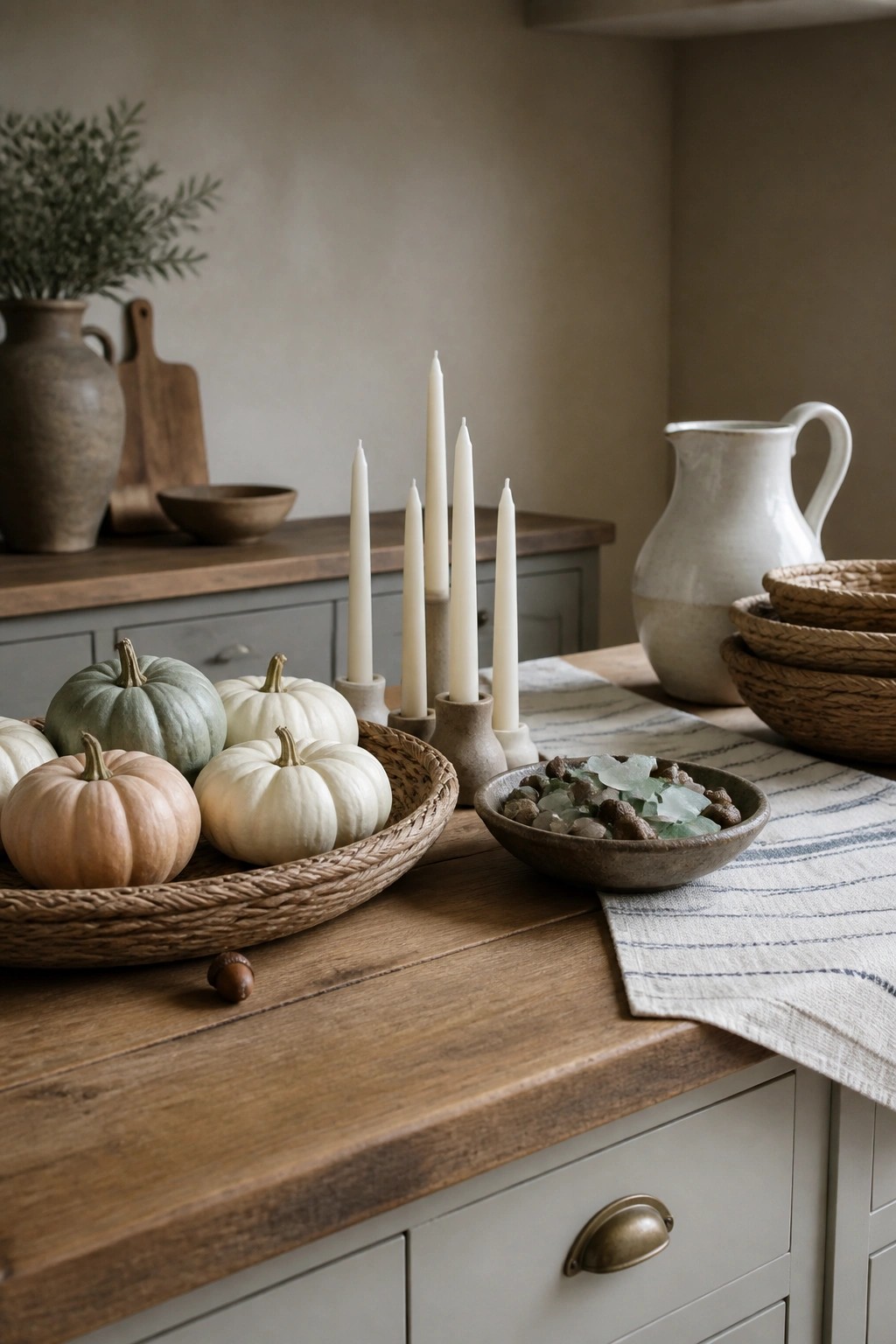 A wooden kitchen countertop holds a woven basket filled with small pumpkins, several taper candles in ceramic holders, and a stone bowl with pebbles.