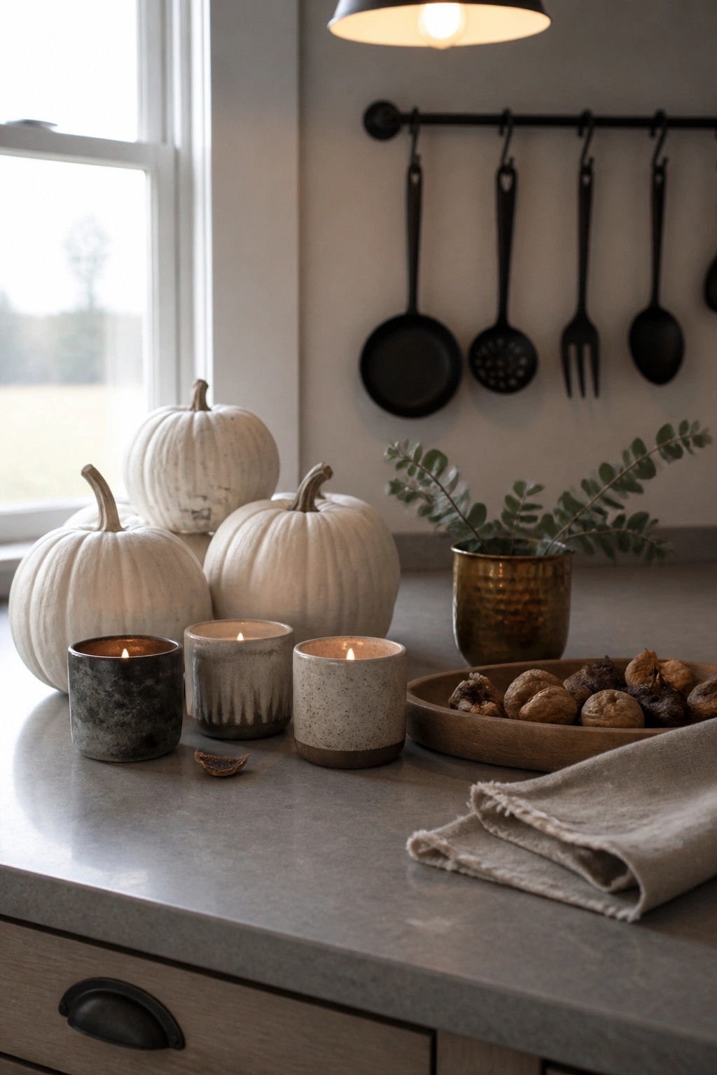 A kitchen countertop displays several white pumpkins beside three lit candles in ceramic holders, with a wooden bowl of dried figs and walnuts and a folded linen napkin nearby.