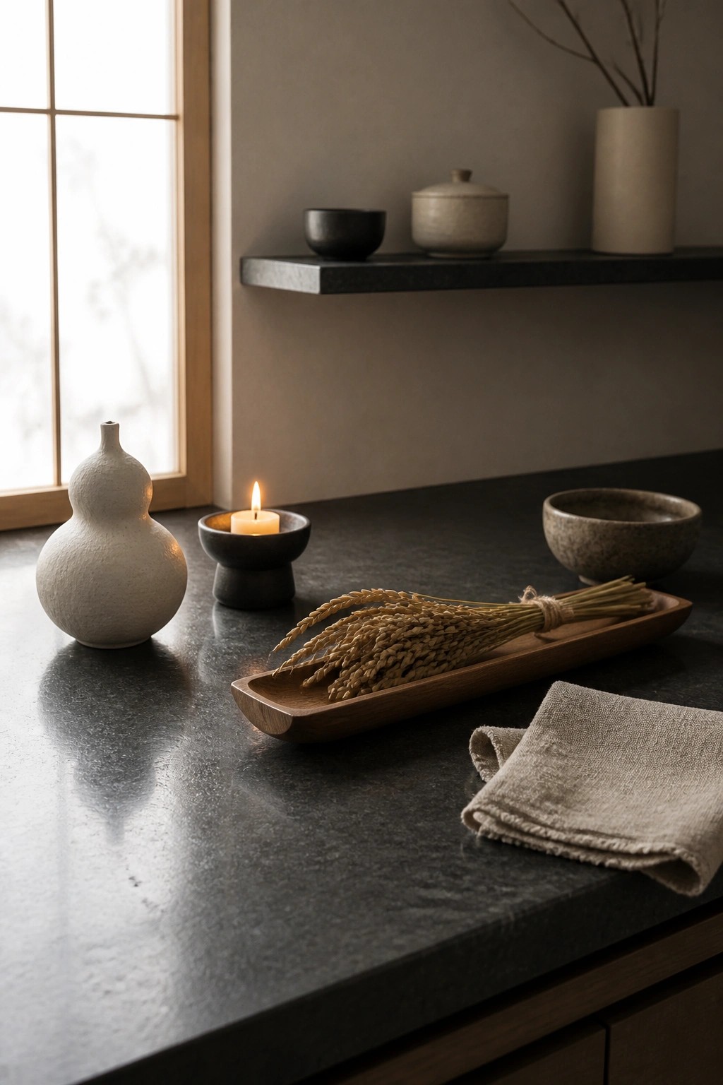 A dark kitchen countertop holds a wooden tray with bundled dried grain stalks, a lit candle in a black holder, ceramic vases and bowls, a folded linen cloth, and a gourd-shaped vase near a window.
