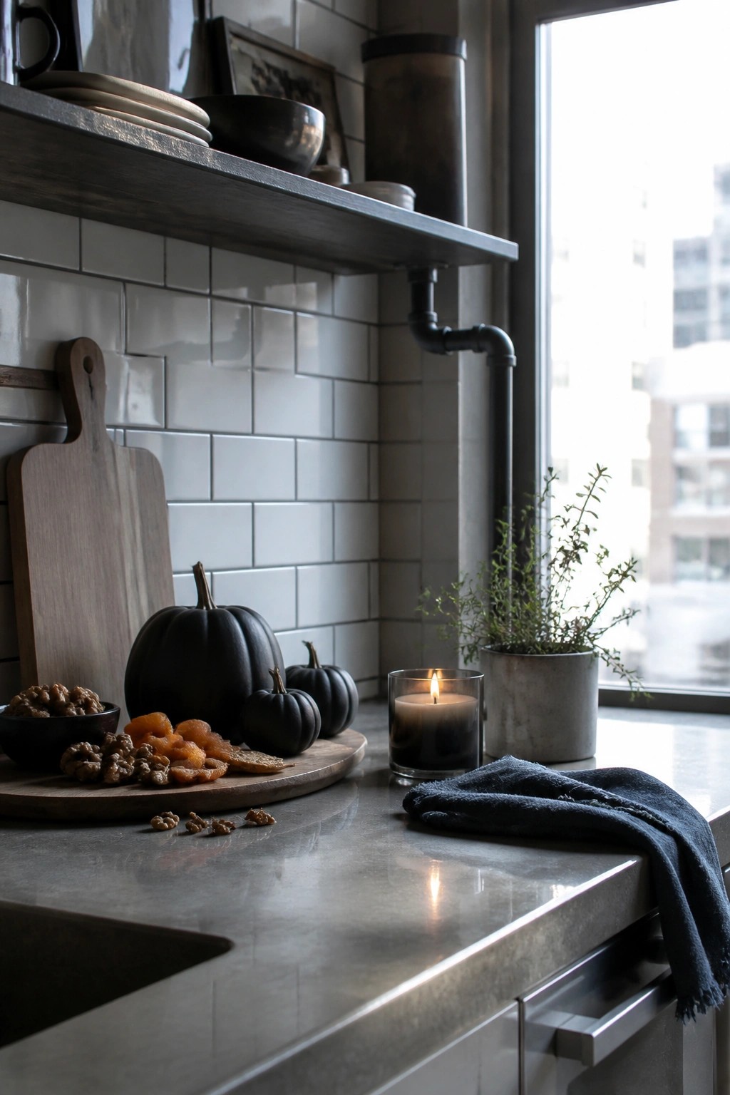 A modern kitchen counter displays black pumpkins, a lit candle in a glass holder, walnuts and dried fruit on a wooden tray, a cutting board, and a potted herb plant beside a window.