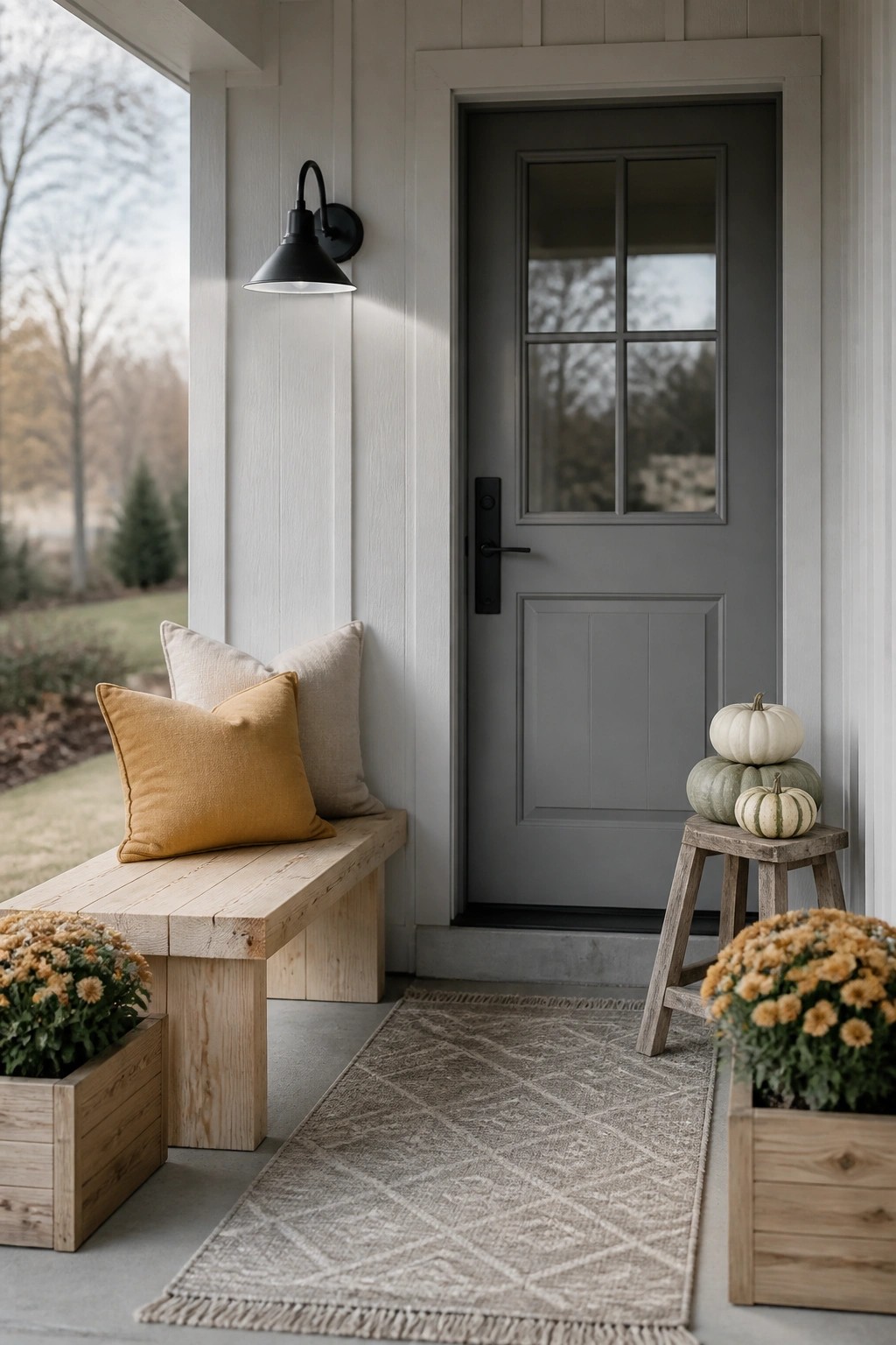 A front porch with a wooden bench holding two pillows, a gray door, pumpkins stacked on a stool, potted yellow mums, and a patterned rug.