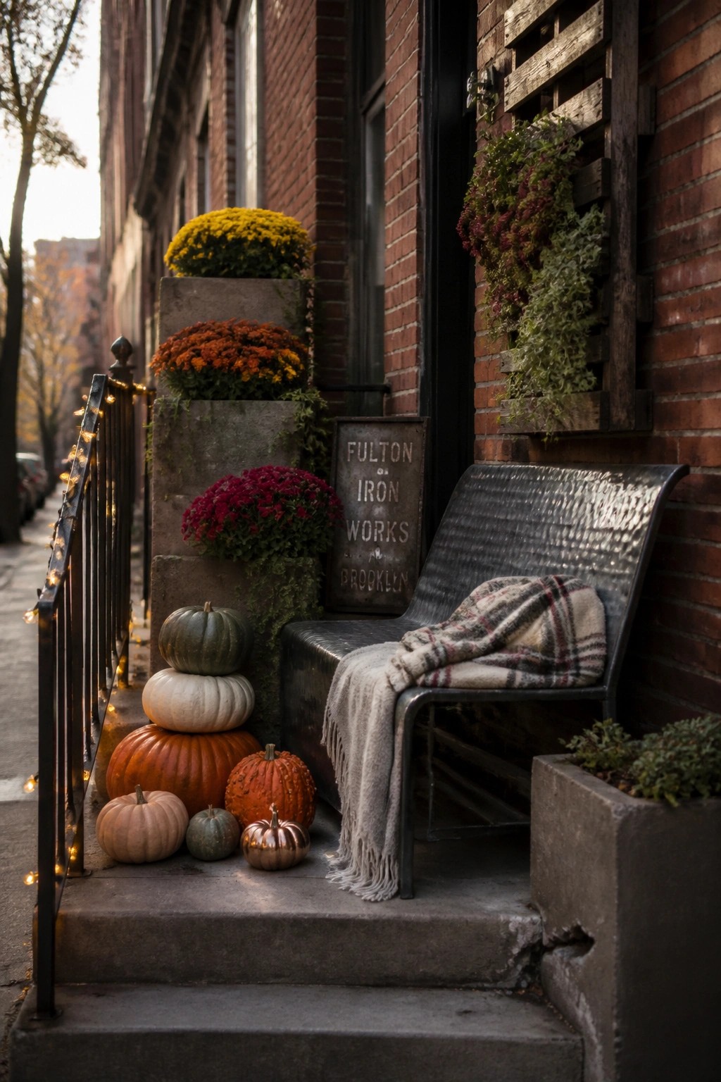 A metal bench with a plaid blanket rests on concrete steps next to stacked pumpkins and potted chrysanthemums in front of a brick building.