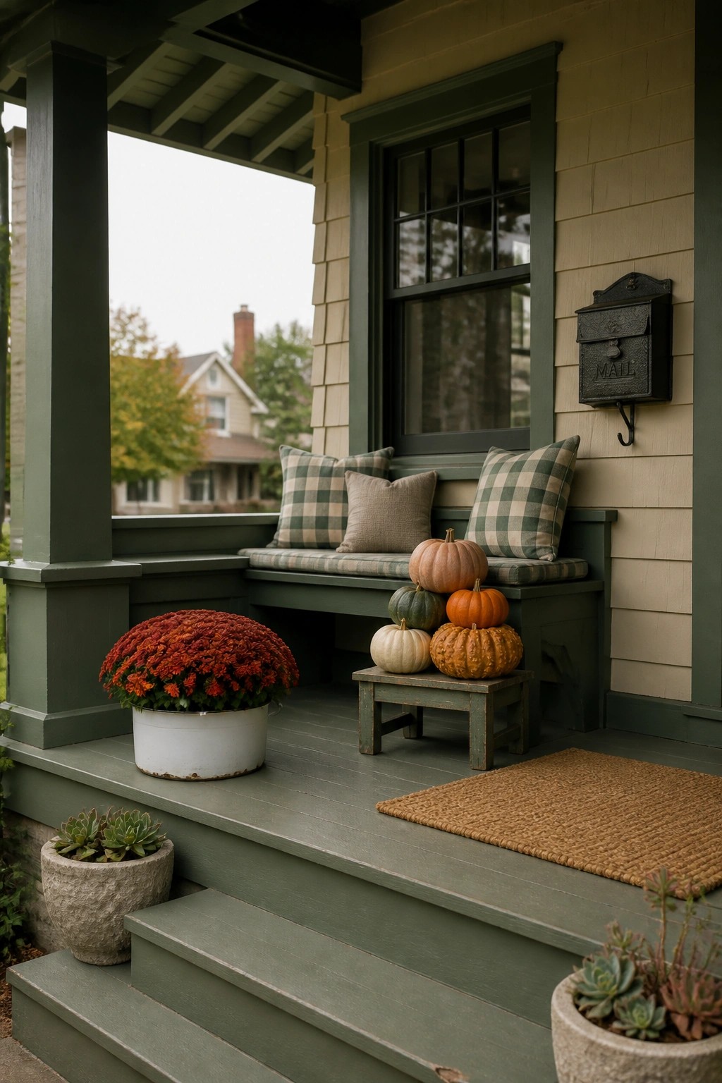 Green porch bench with plaid pillows, stacked pumpkins, mum plant, and doormat