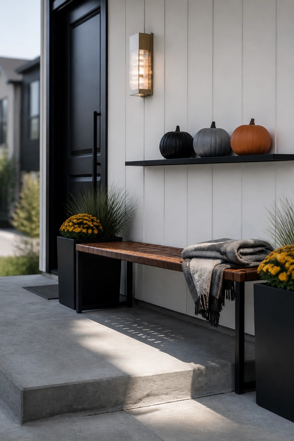 Modern front porch with black door, brown leather bench holding a gray throw, black floating shelf with three pumpkins above the bench, and black planters with yellow mums on both sides.
