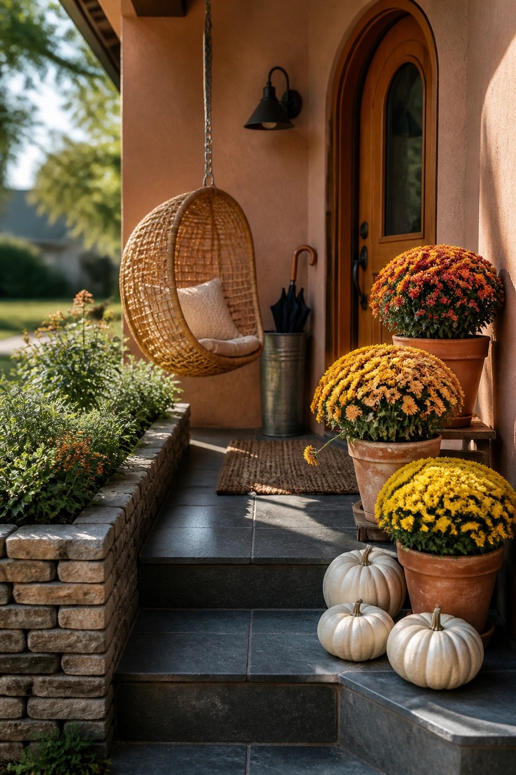 A front porch with dark stone steps holding several terracotta pots of orange and yellow chrysanthemums, white pumpkins placed at the base, and a hanging wicker chair to the side.