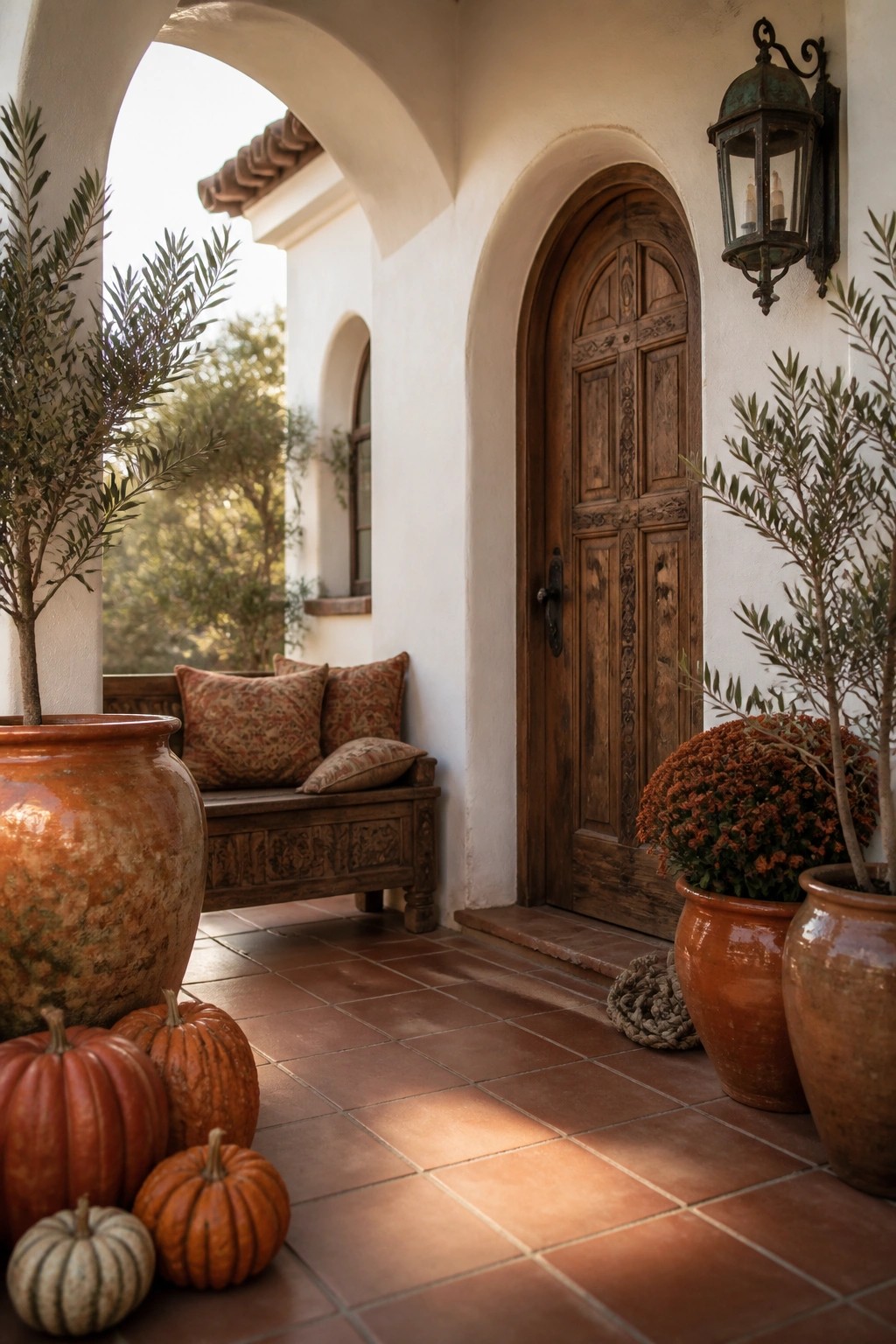 A front porch with a wooden arched door, large terracotta pots holding orange mums and olive trees, and several pumpkins placed on the tiled floor beside them.