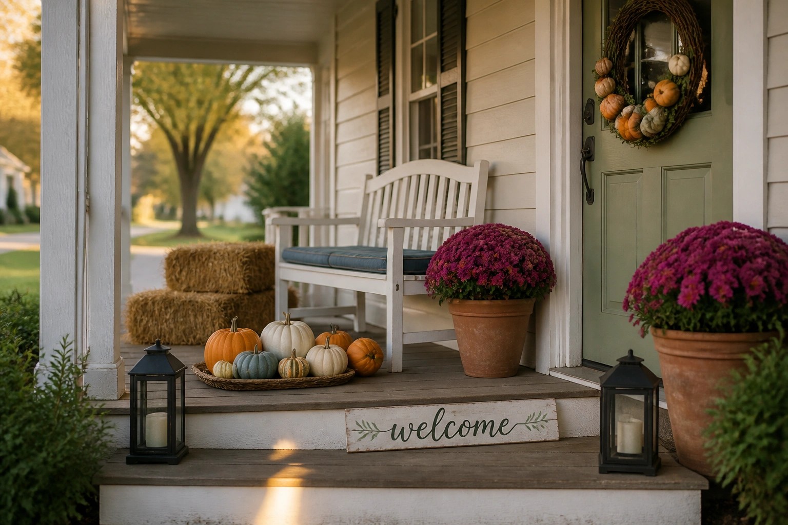 A front porch with white railings, a white bench with blue cushions, potted purple mums, a basket of small pumpkins on the steps, stacked hay bales, and two lit black lanterns.