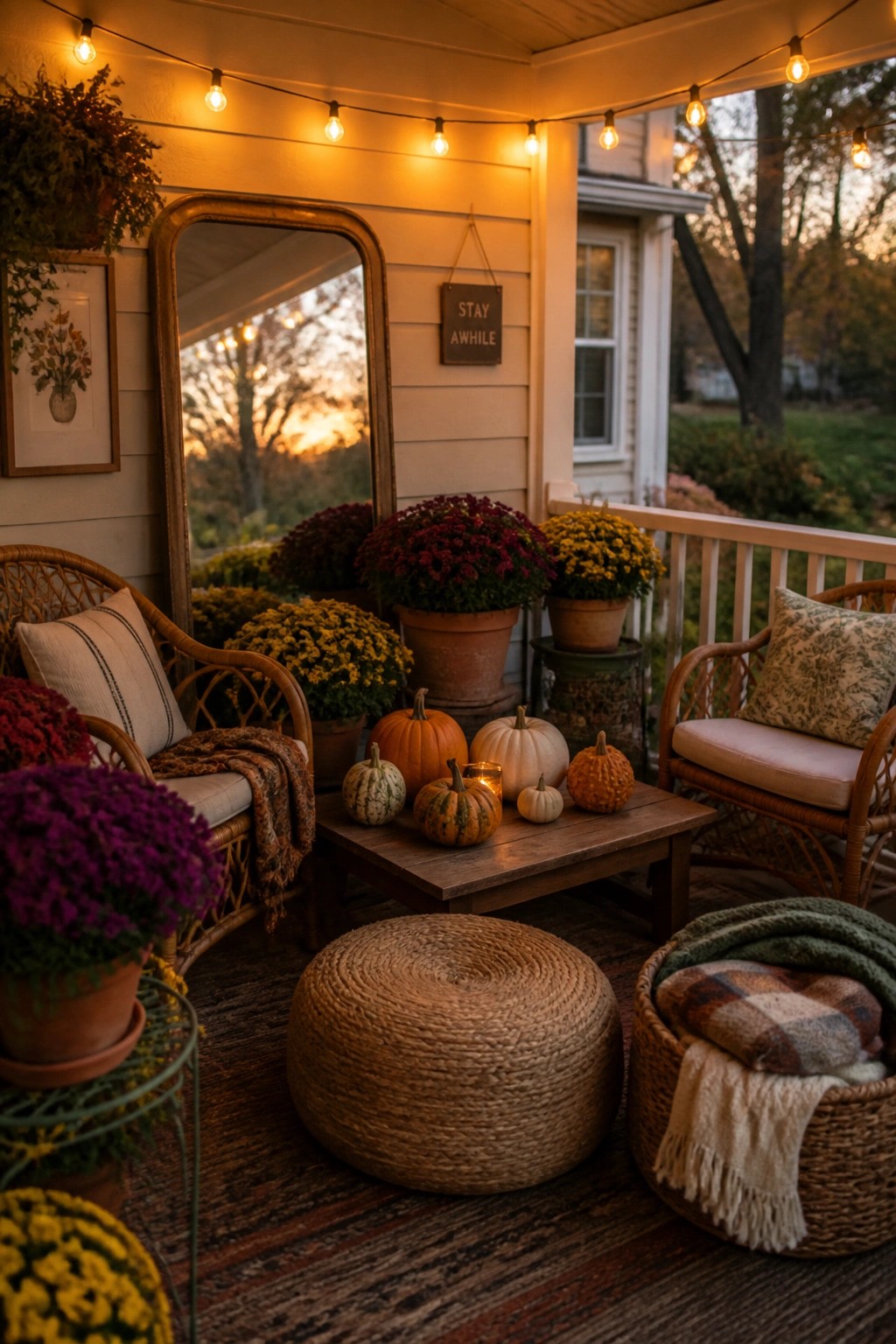 A wooden coffee table on a porch displays assorted pumpkins and potted chrysanthemums, surrounded by wicker chairs, a woven ottoman, and string lights.