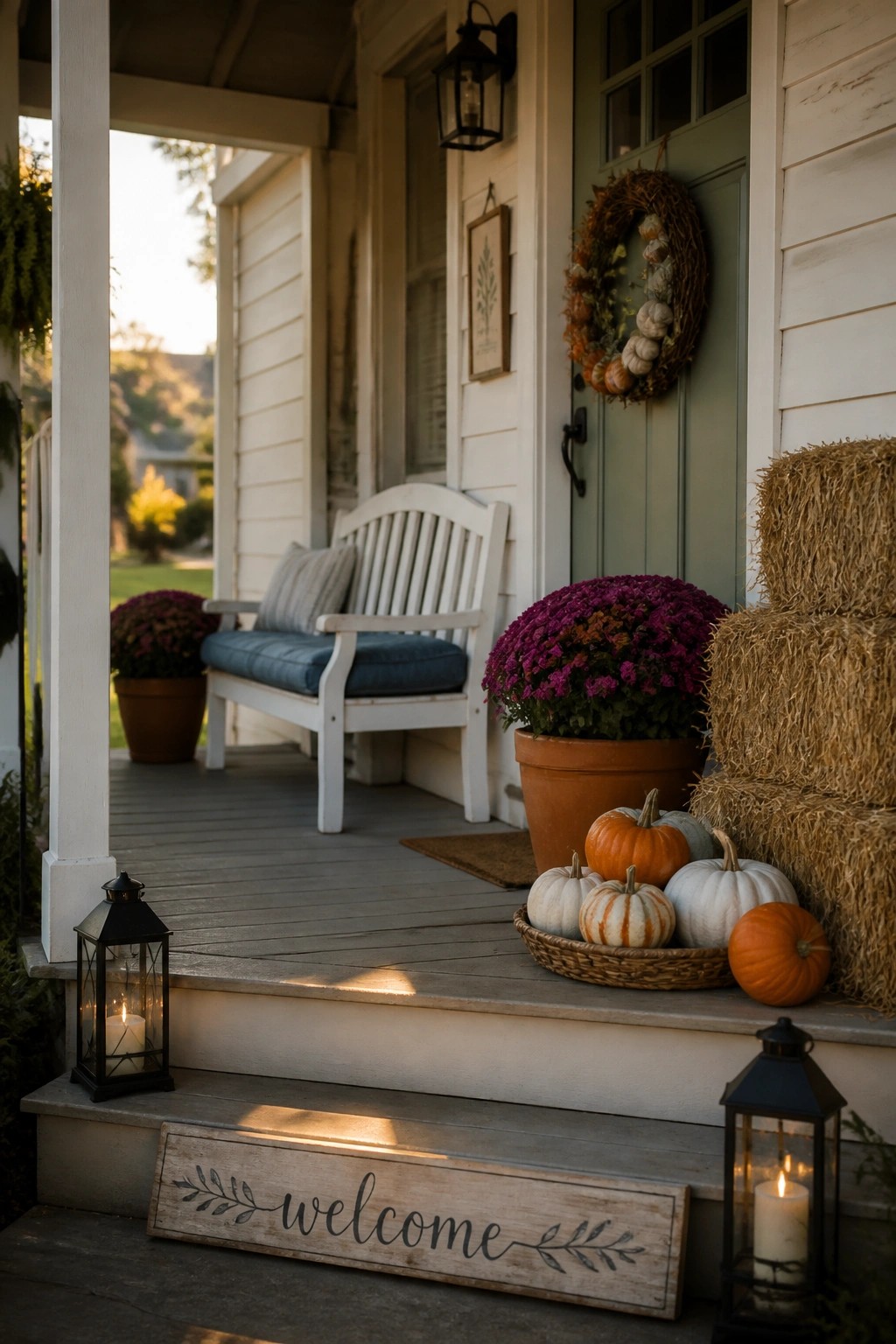 A front porch with white railings, a white bench with blue cushions, potted purple mums, a basket of small pumpkins on the steps, stacked hay bales, and two lit black lanterns.