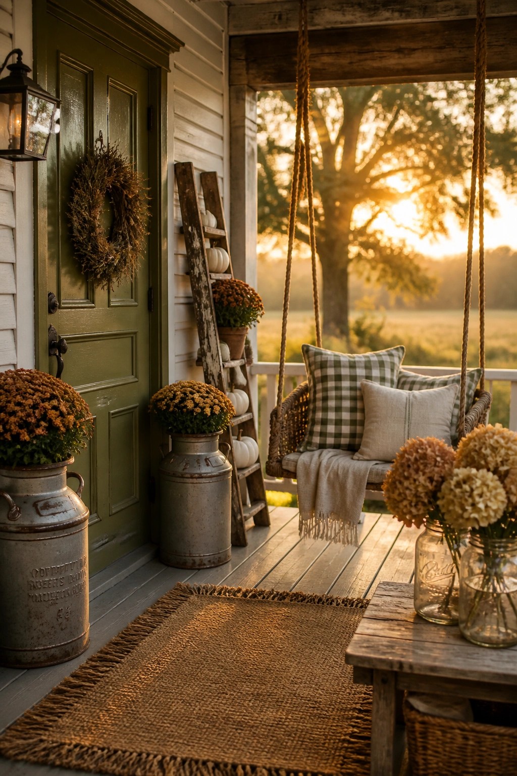Rustic porch at sunset with green door, hanging swing, pumpkins, and autumn flowers
