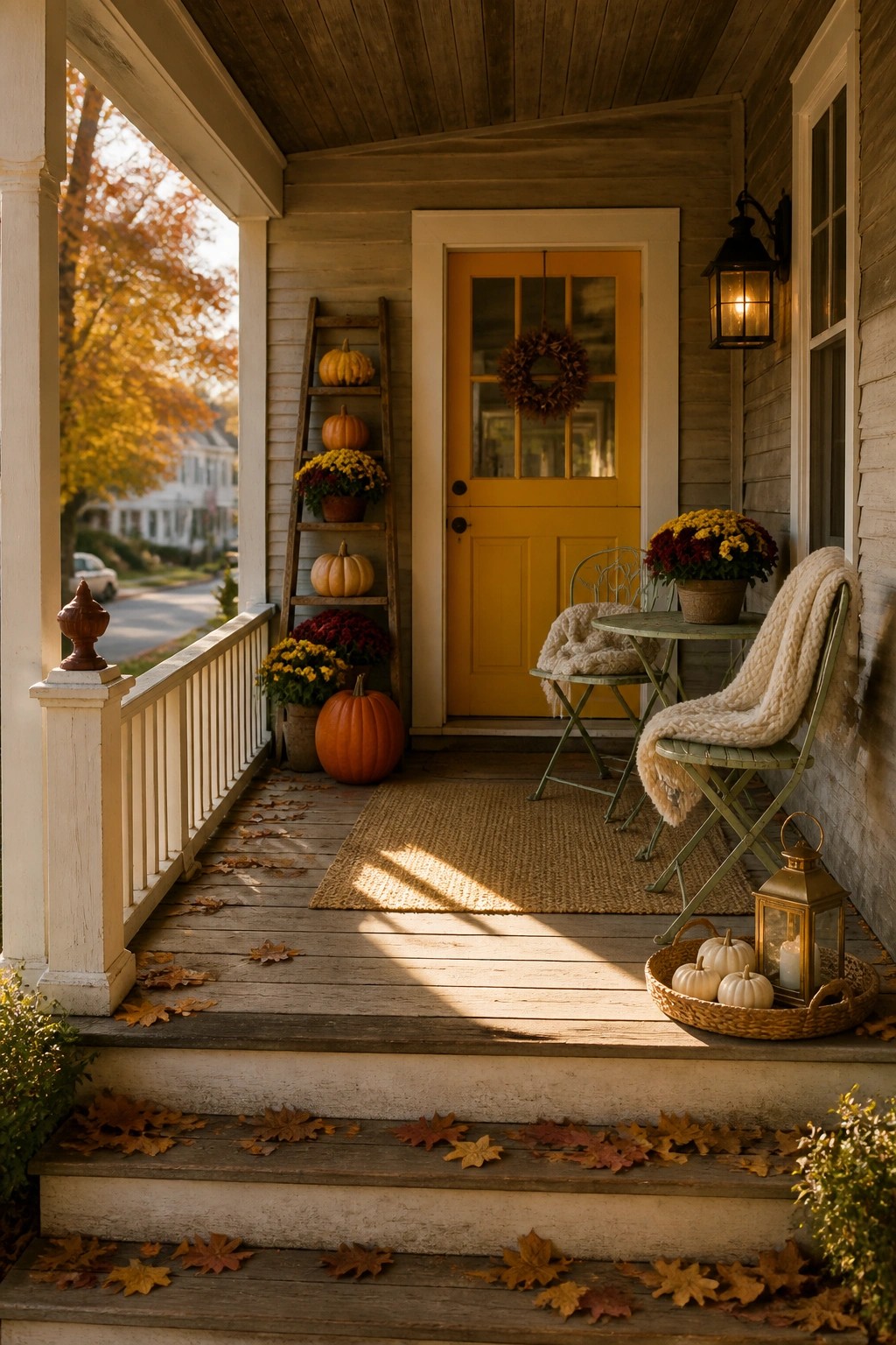 A front porch with a wooden ladder holding pumpkins and potted mums beside a yellow door and a small green bistro set.