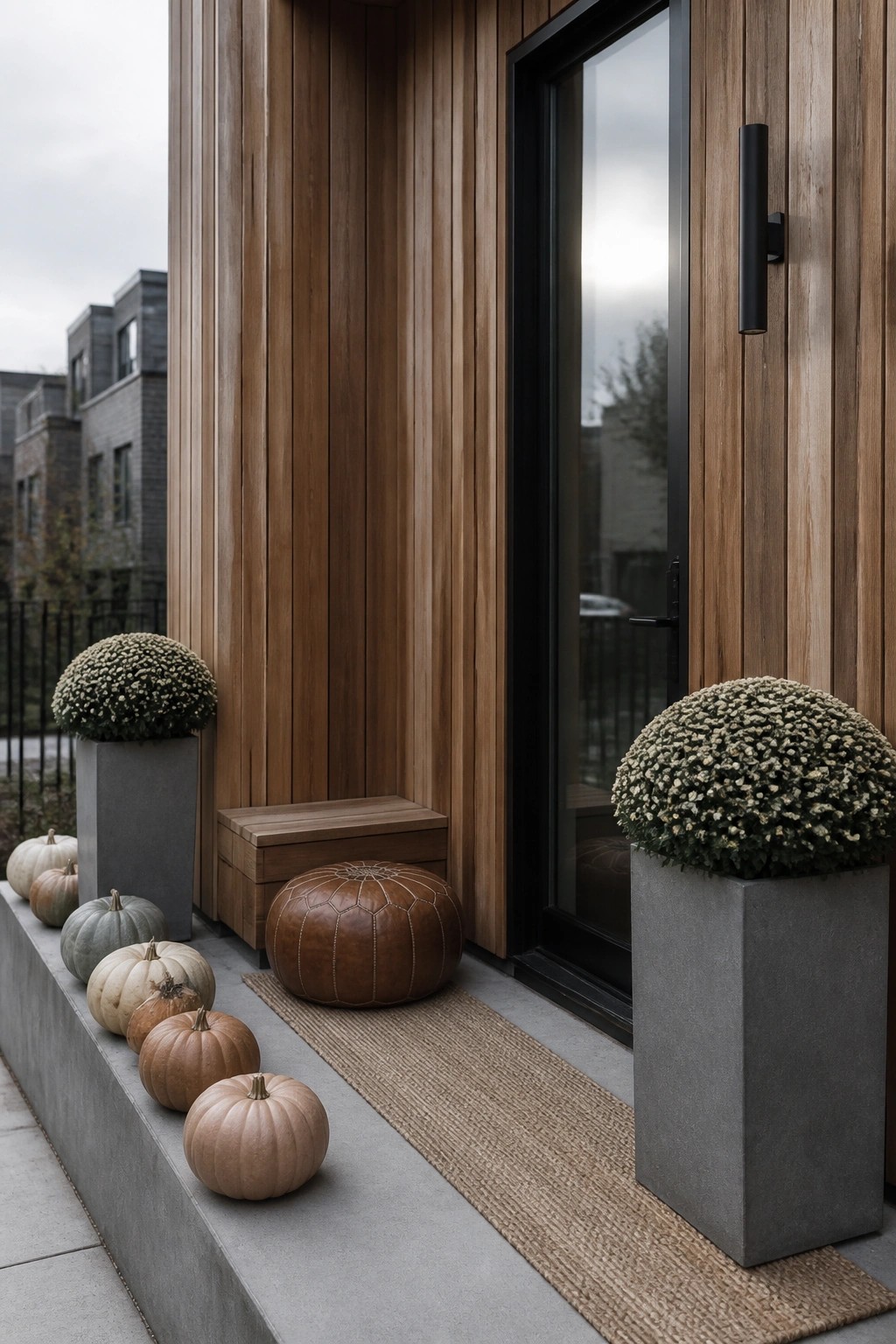 A modern house entry shows pumpkins lined along concrete steps beside two tall gray planters holding round mums, with wood siding and a black door frame visible.