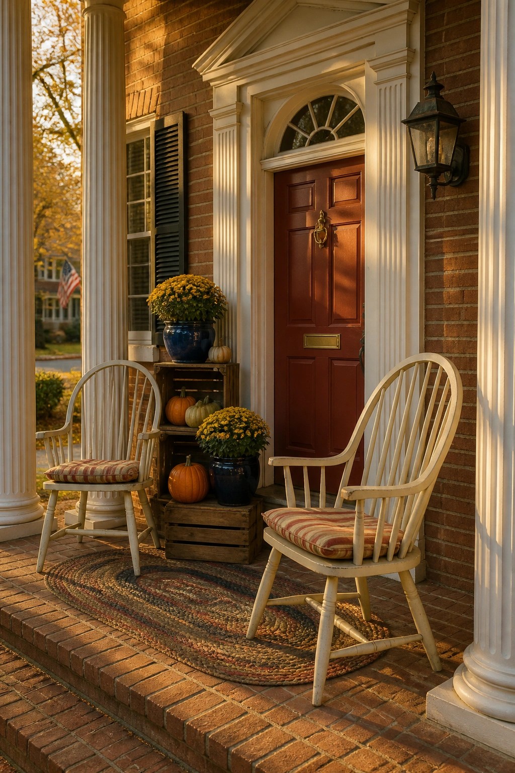 A brick front porch with two white wooden chairs on a braided rug, red door, and wooden crates holding potted yellow mums and pumpkins.