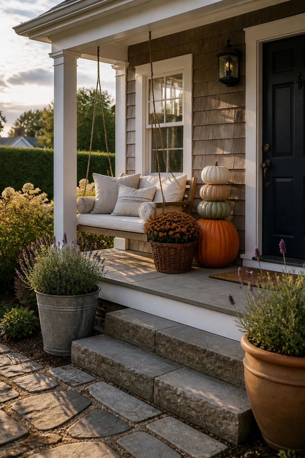 A front porch featuring a hanging swing, stone steps, and a stack of pumpkins in white, beige, green, and orange next to a basket of orange mums.