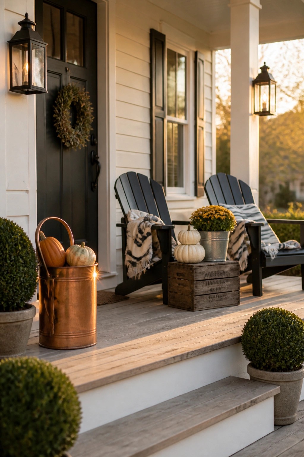 A front porch with two black Adirondack chairs, a wooden crate holding white pumpkins and a pot of yellow mums, and a copper bucket filled with pumpkins beside the steps.