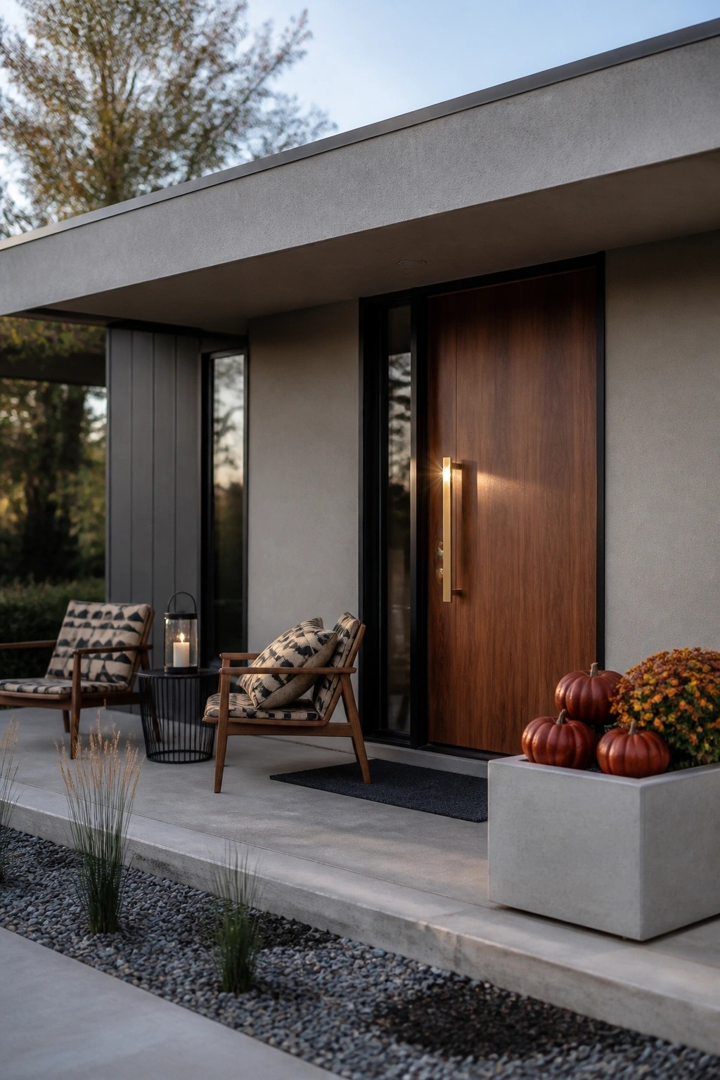A modern house entrance with a wooden front door, two wooden chairs on a concrete porch, and a large gray planter holding several orange pumpkins and yellow mums.