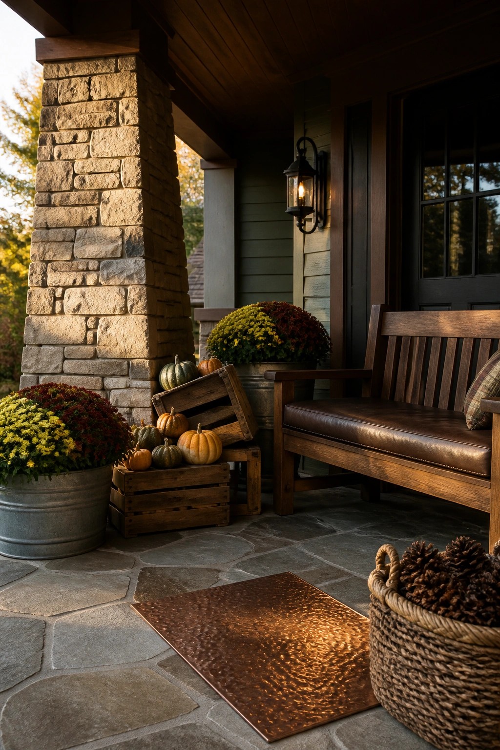 A front porch with wooden crates holding small pumpkins, potted mums, a wooden bench, a stone pillar, and a hammered copper mat on the stone floor.