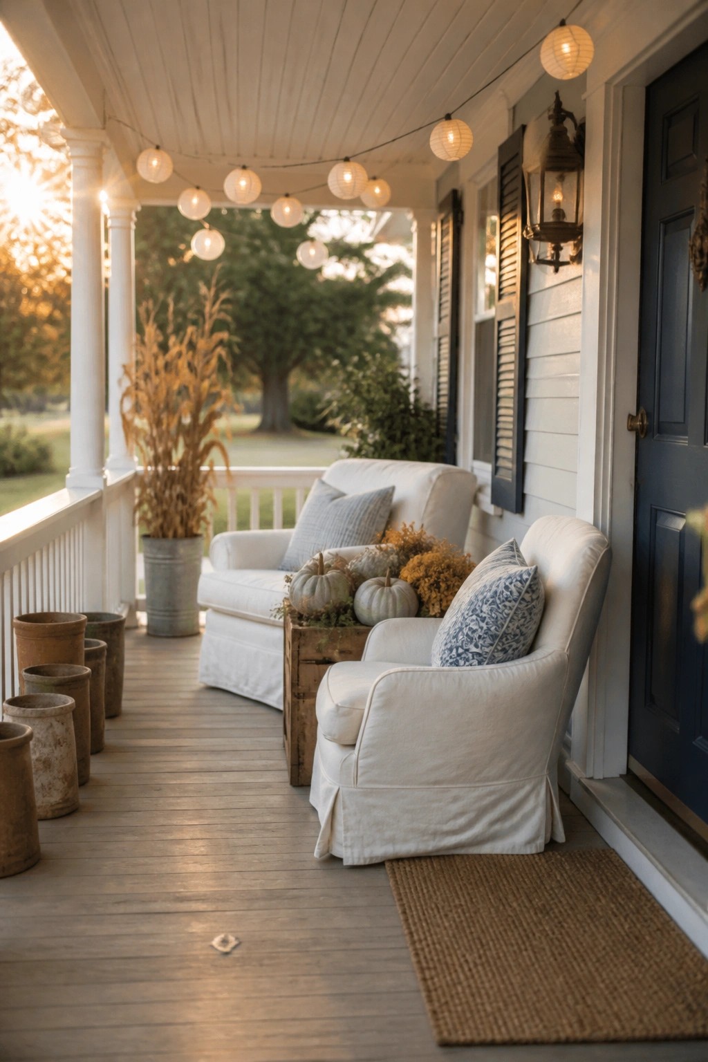Cozy white porch with armchairs, blue pillows, pumpkins, string lights, and blue door.