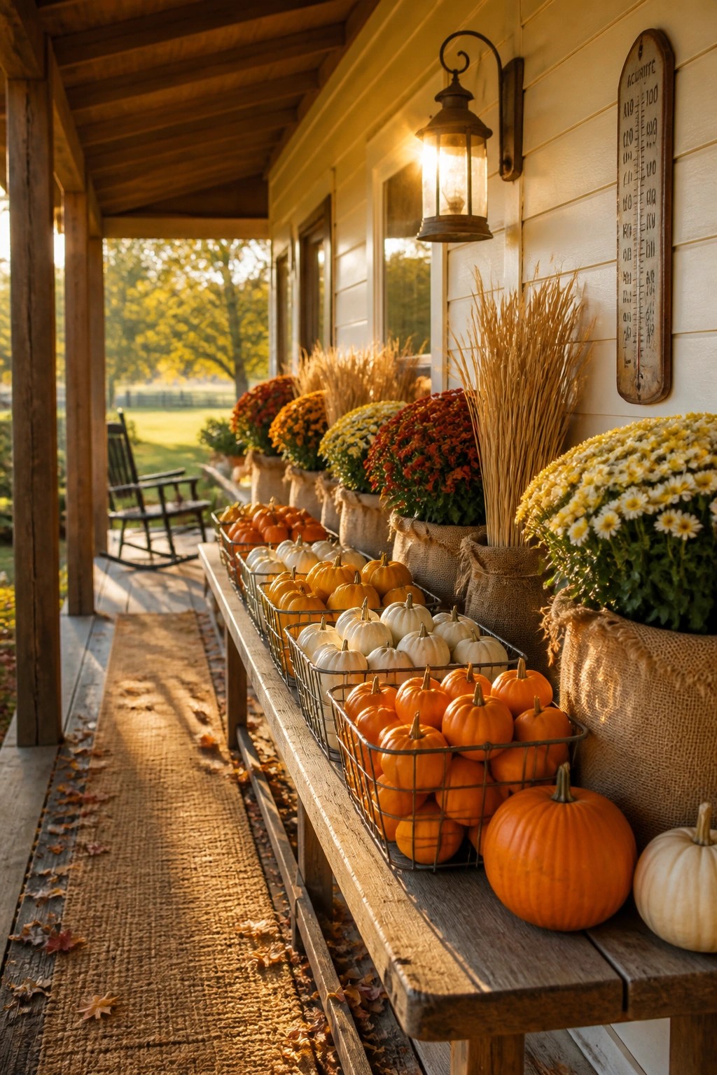 Rustic fall porch with pumpkins in baskets, colorful mums in burlap sacks, and lit lantern.