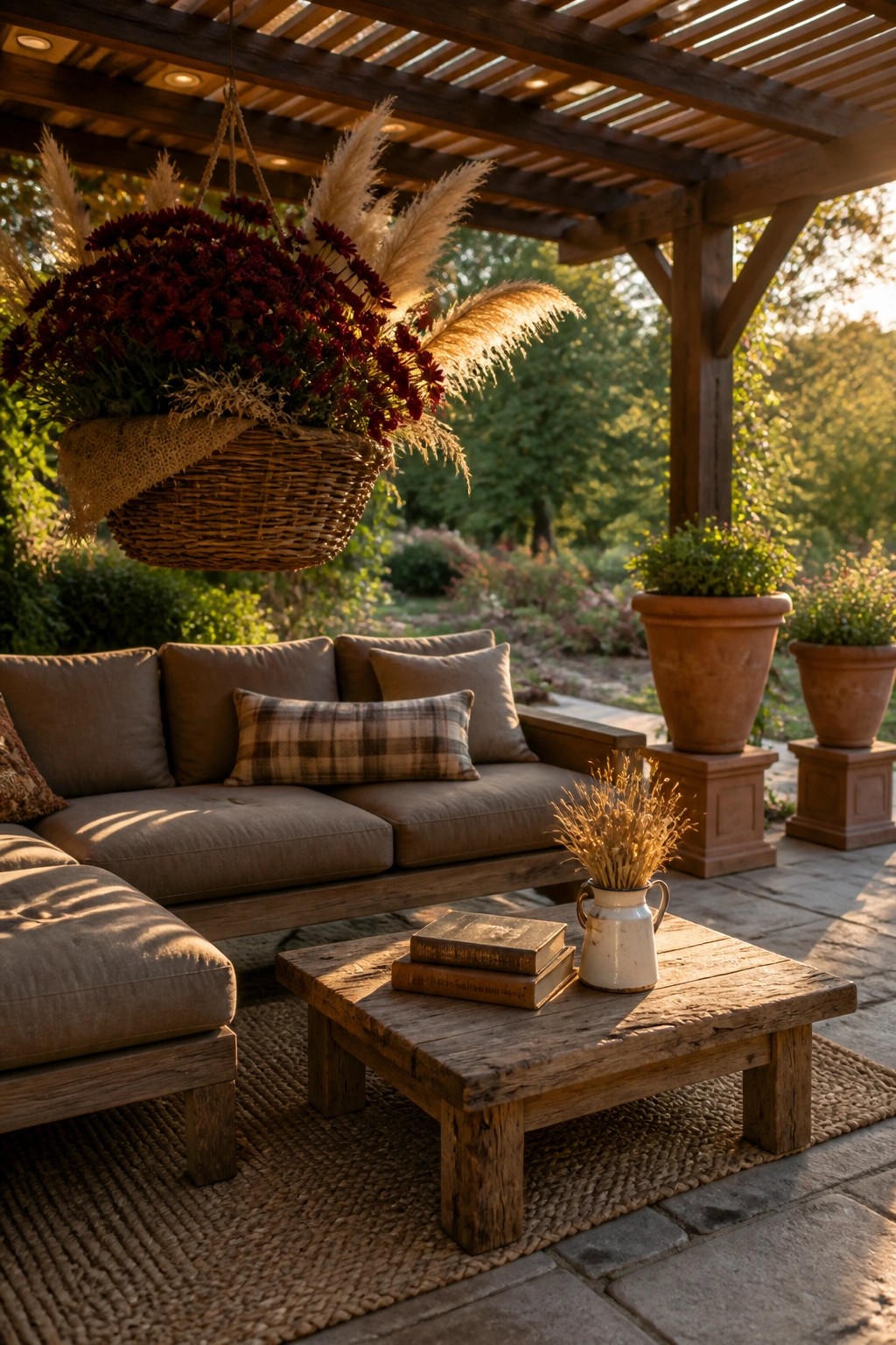A wooden patio under a pergola with a large hanging basket of dark red flowers and pampas grass above a sectional sofa and coffee table.