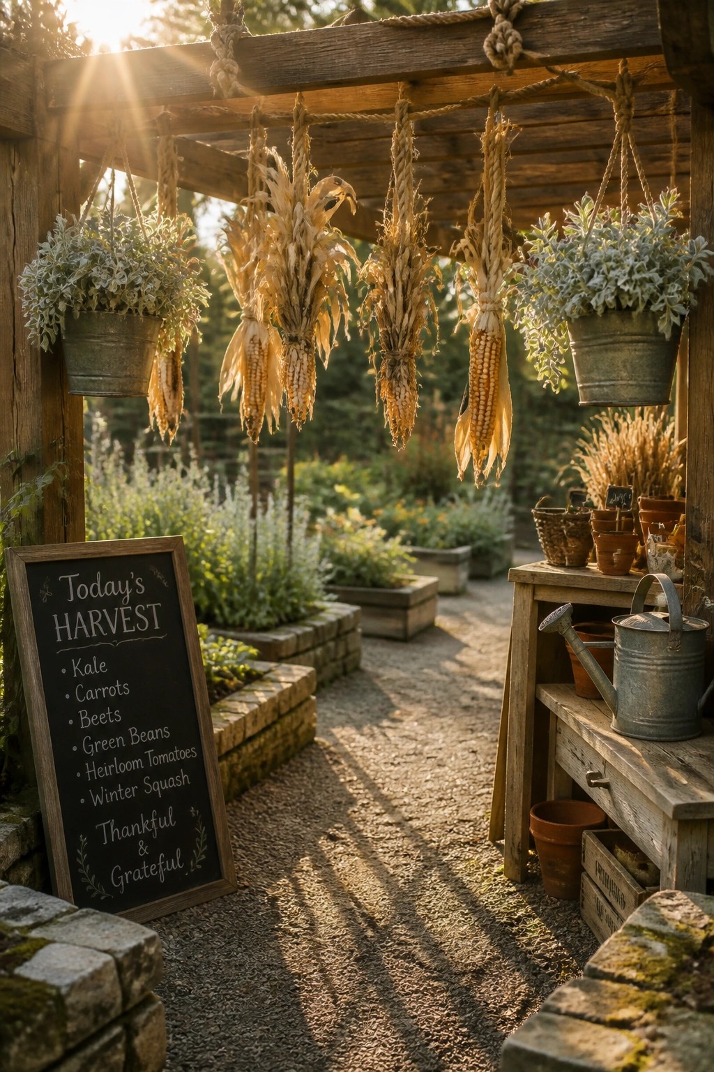 A wooden outdoor structure with dried corn cobs and potted plants hanging from ropes, a chalkboard harvest sign in the foreground, and gardening tools on a nearby bench.