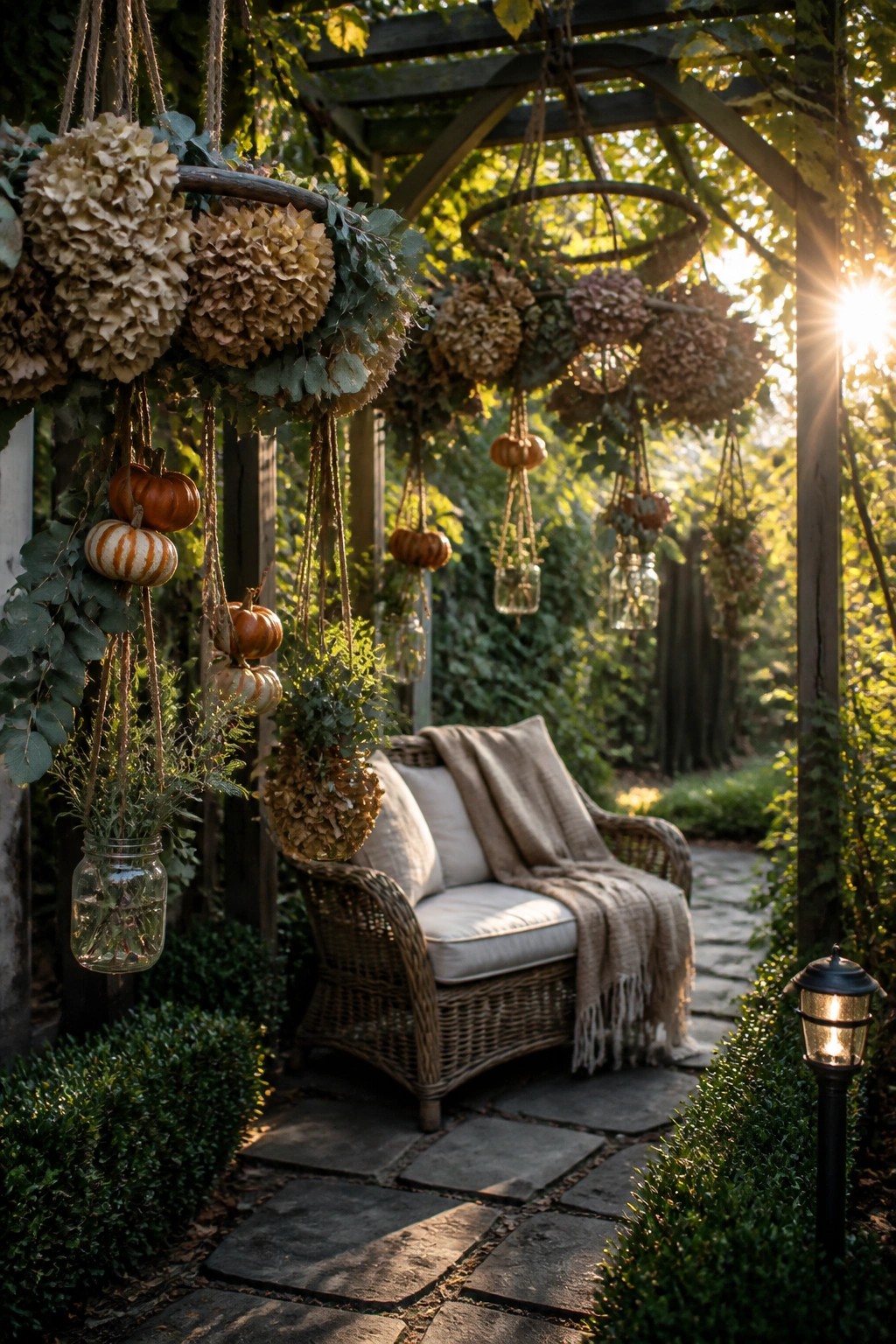 A wicker chair sits on a stone path beneath a wooden pergola hung with dried flowers, small pumpkins, and glass jars.