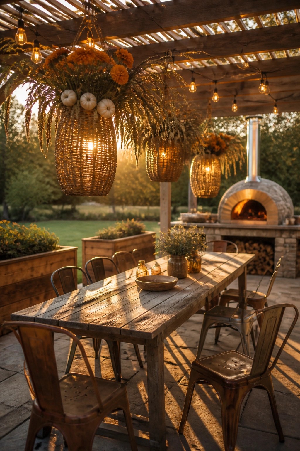 Outdoor patio under a wooden pergola with hanging woven baskets containing orange flowers and small white pumpkins, a wooden dining table with metal chairs, and a stone pizza oven in the background.