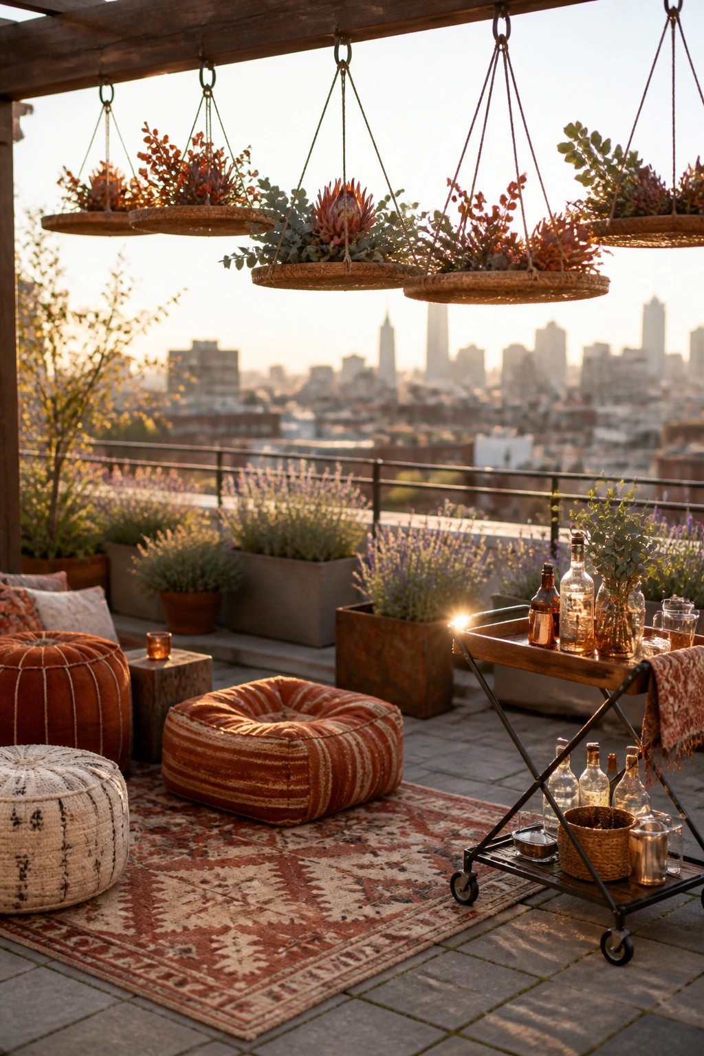A rooftop terrace with several hanging woven baskets filled with autumn plants suspended from wooden beams above seating and a bar cart.