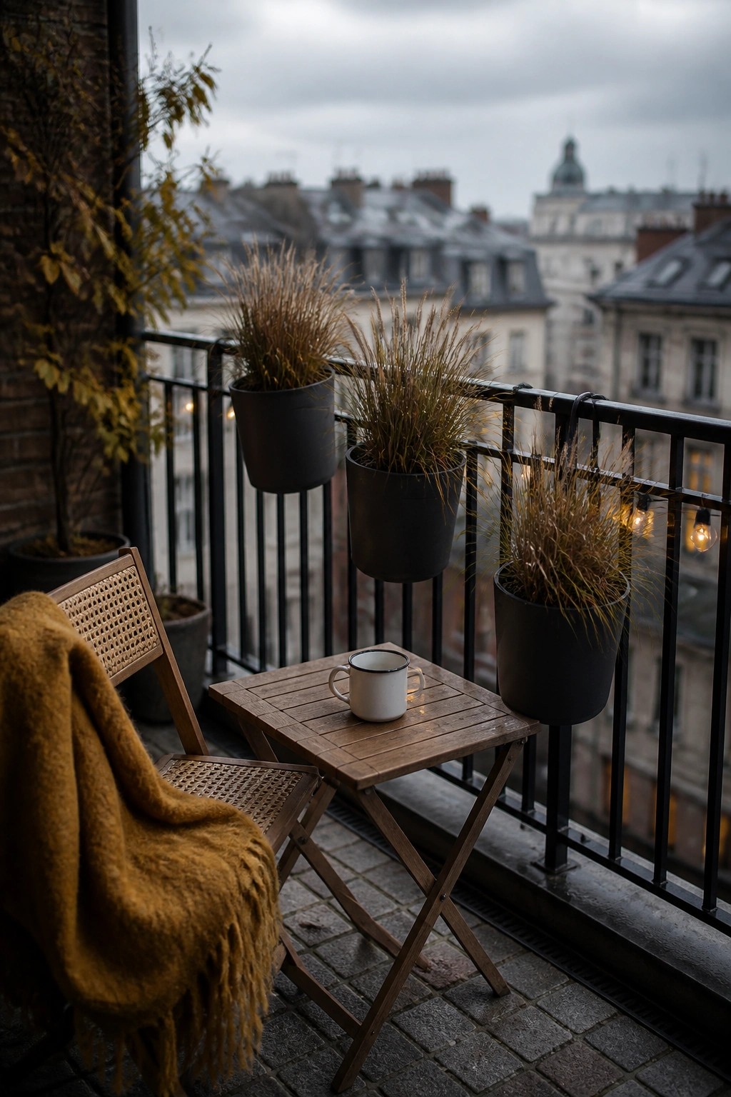 A small balcony with a wooden table and chair, several black hanging planters with tall grasses attached to the metal railing, and string lights.