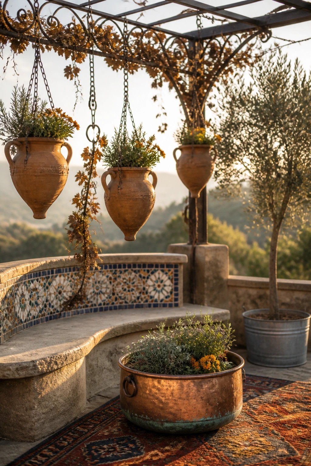 Hanging terracotta pots suspended by chains from a metal pergola above a curved stone bench on an outdoor patio, with a copper planter on a rug in the foreground.
