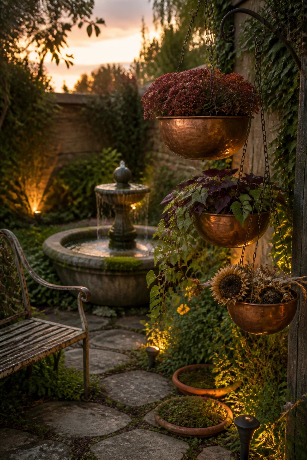 Twilight garden with stone fountain, hanging copper pots of flowers, and bench
