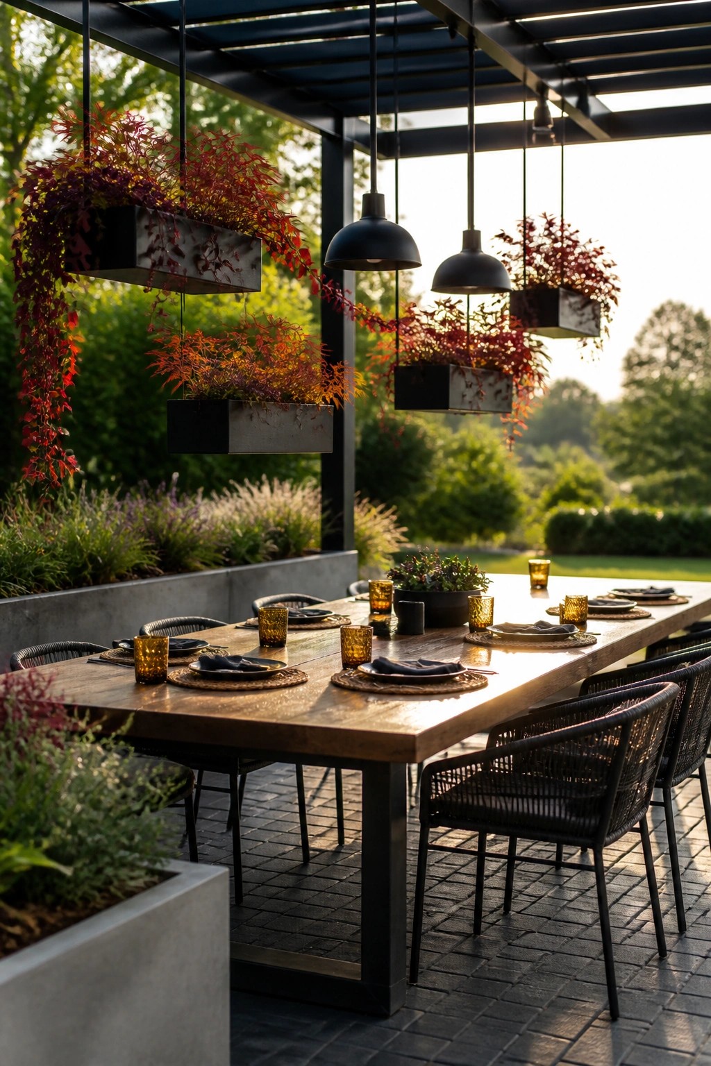 Outdoor dining table under a dark pergola with multiple rectangular hanging planters filled with red foliage.