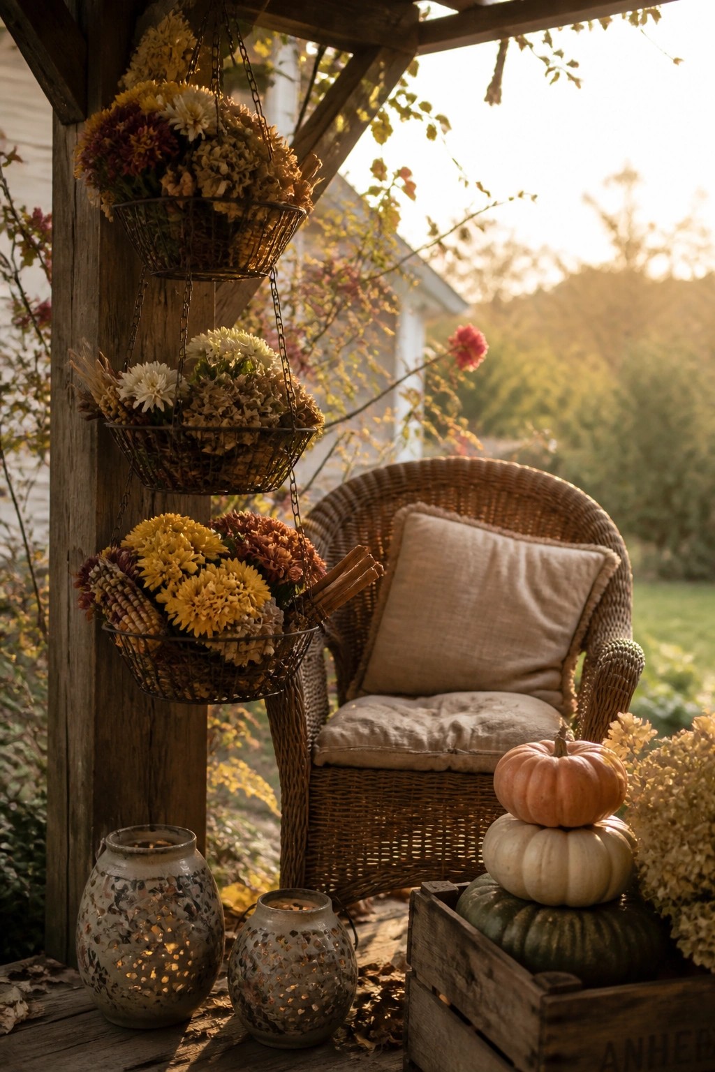 Three tiered wire baskets filled with yellow and rust chrysanthemums hang from chains on a wooden post beside a wicker chair, with stacked pumpkins in a crate nearby.