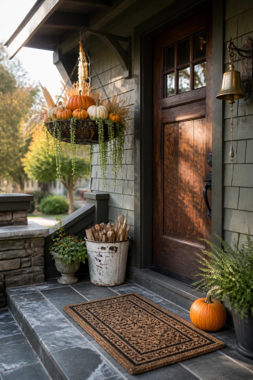 A hanging basket filled with pumpkins, gourds, and autumn foliage suspended from the porch of a house with gray siding and a wooden front door.