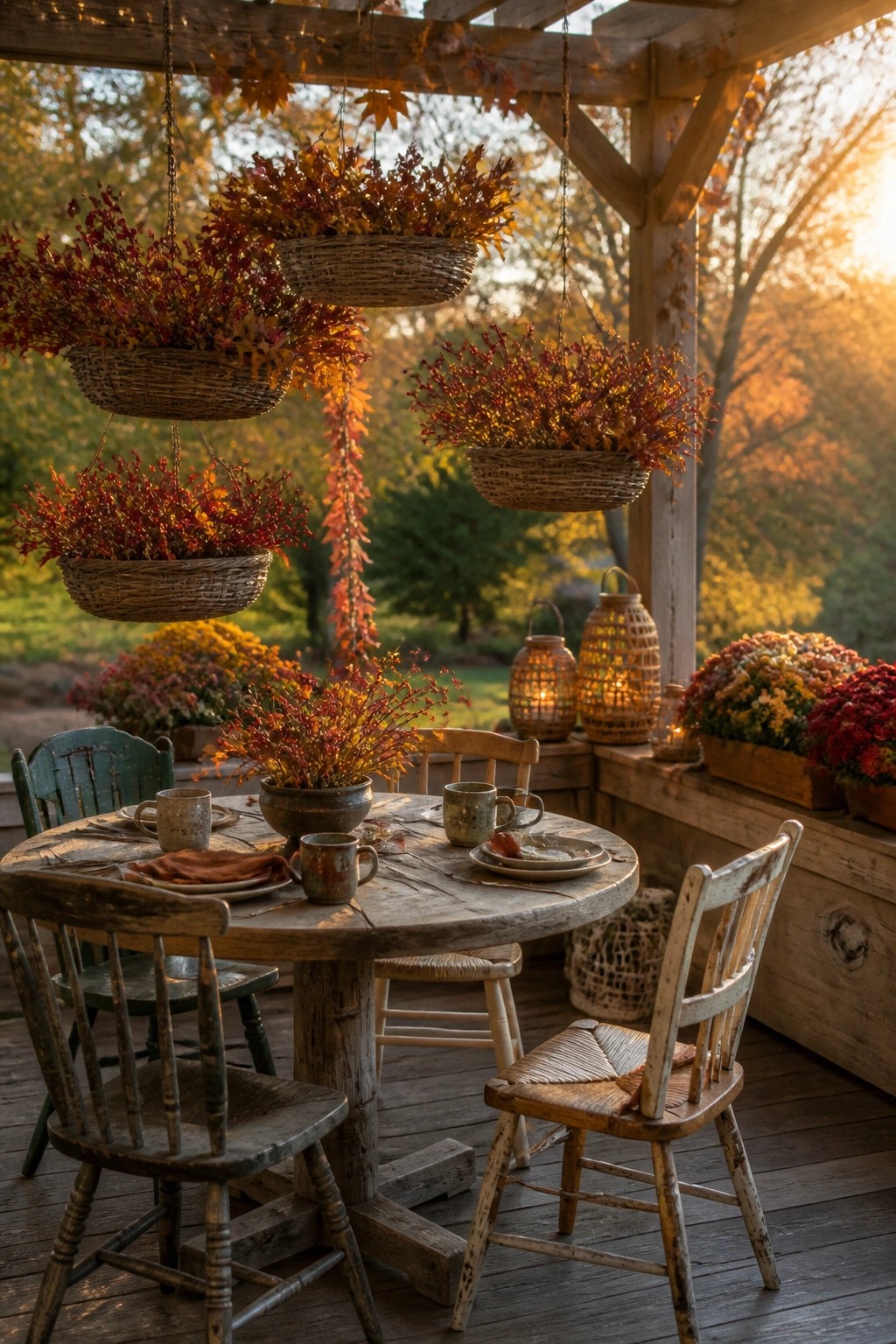 Rustic wooden table on autumn porch with hanging foliage baskets and glowing lanterns.