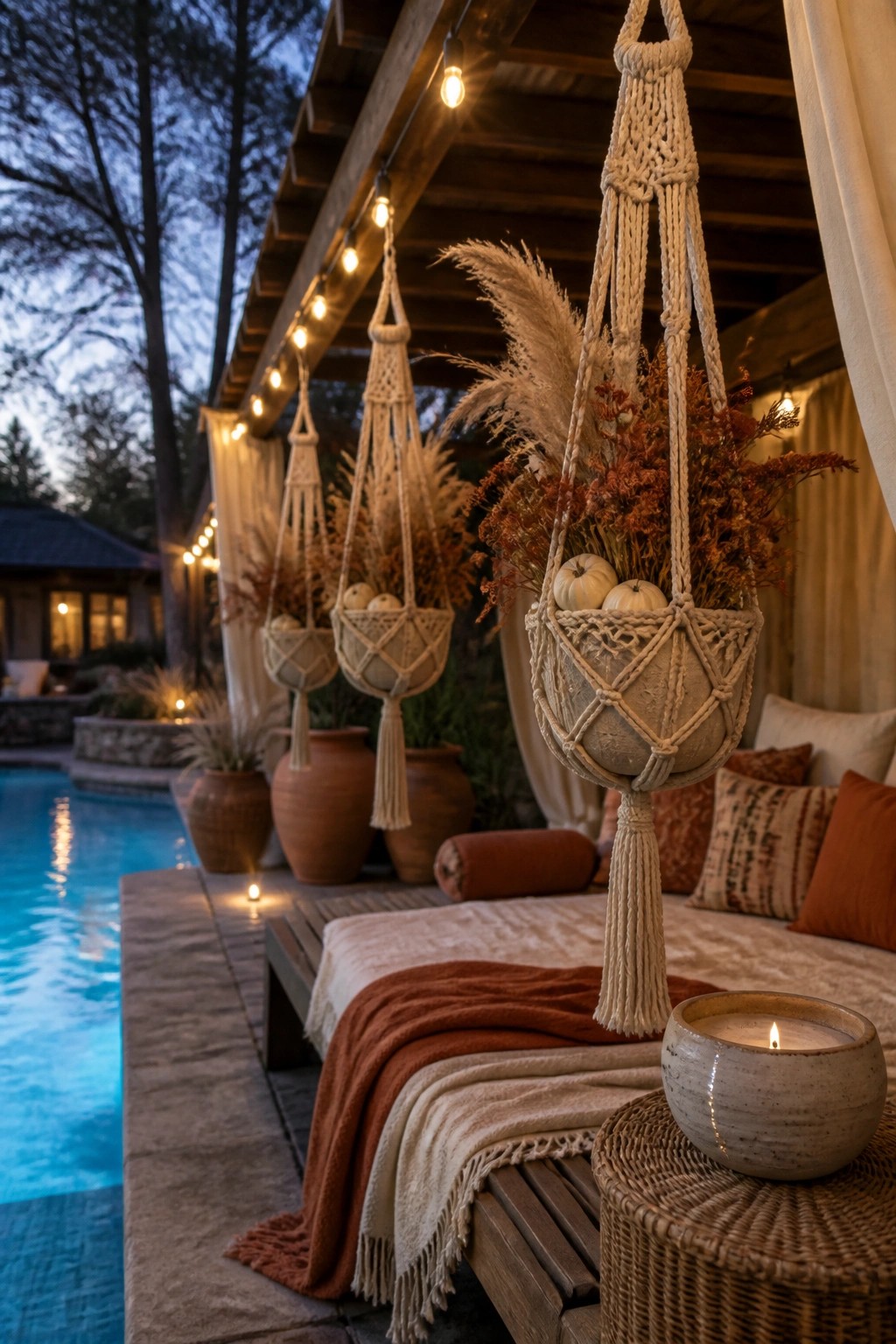 Outdoor pool deck with multiple macrame hangers holding dried floral arrangements and small white pumpkins suspended above a cushioned wooden daybed with string lights overhead.