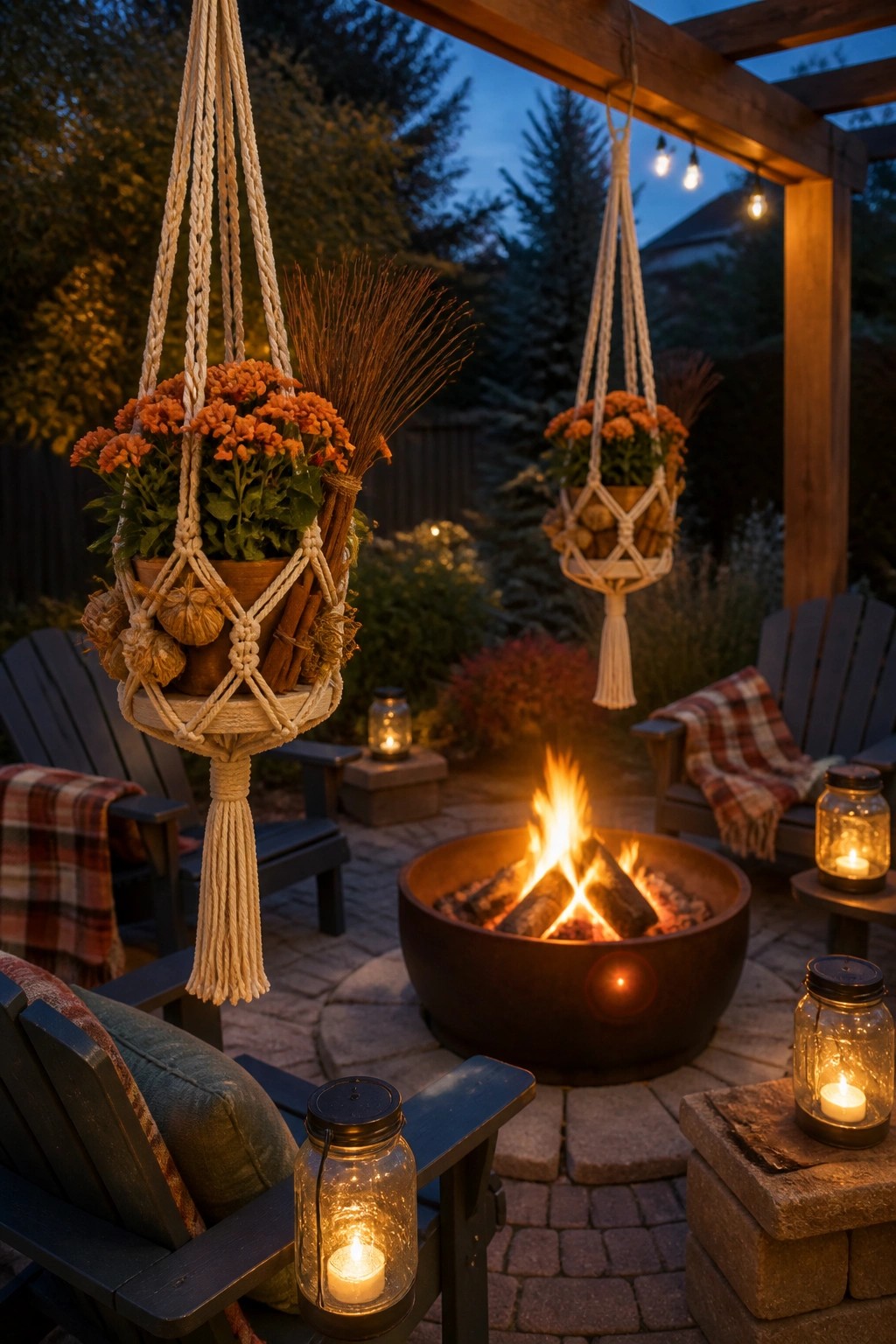 An outdoor patio at dusk with a central fire pit, Adirondack chairs, string lights, lanterns, and two macrame hanging planters holding orange flowers and fall accents.