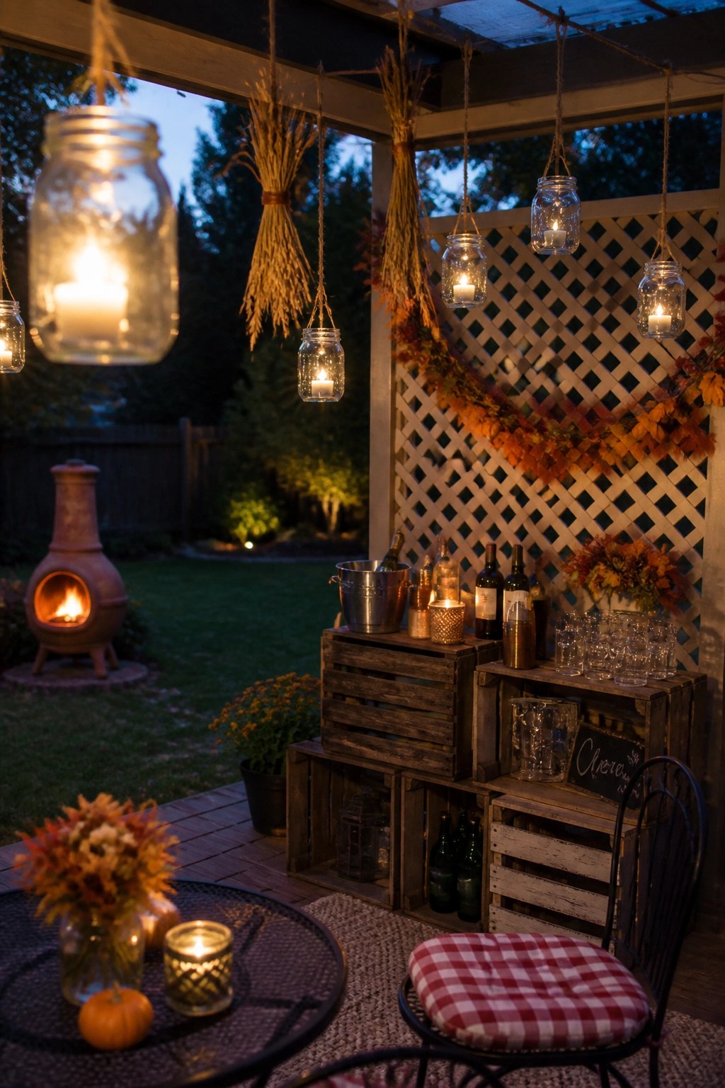 A covered outdoor patio at dusk with multiple lit candles inside glass mason jars hanging from twine, along with dried wheat bundles and autumn garland on a lattice wall.