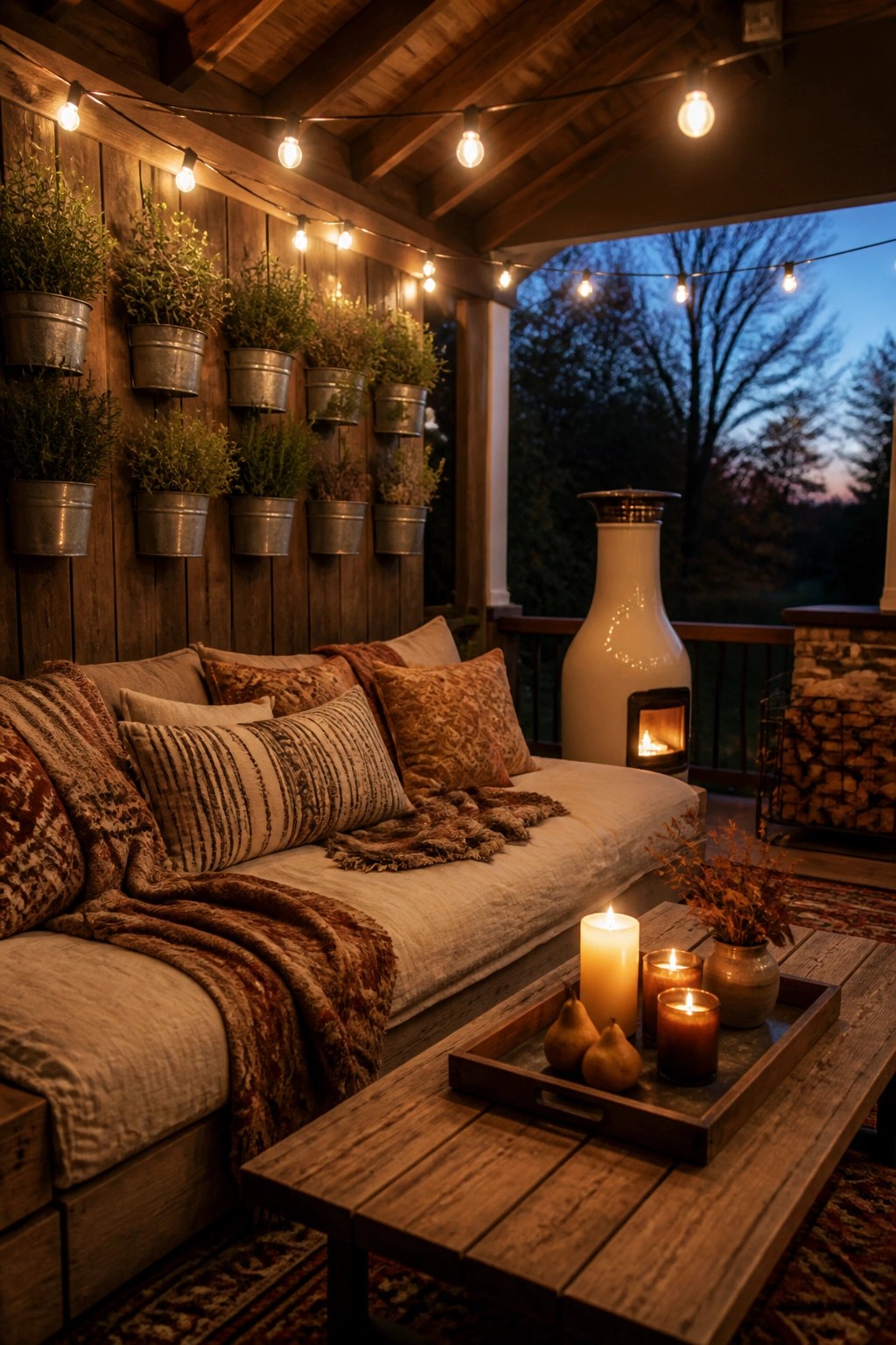 A wooden covered porch at dusk with a cushioned sofa piled with pillows and throws, string lights overhead, a tall outdoor fireplace, and a wooden coffee table holding lit candles and pears.