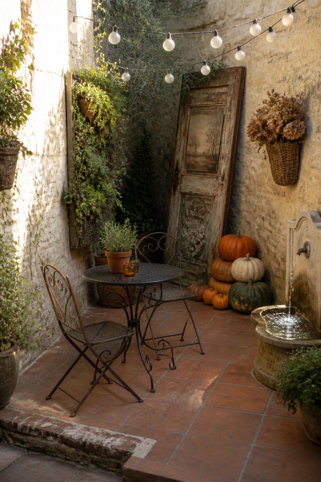 A small outdoor patio with a round metal table and two chairs, string lights overhead, stacked pumpkins, and a stone fountain on a brick floor.