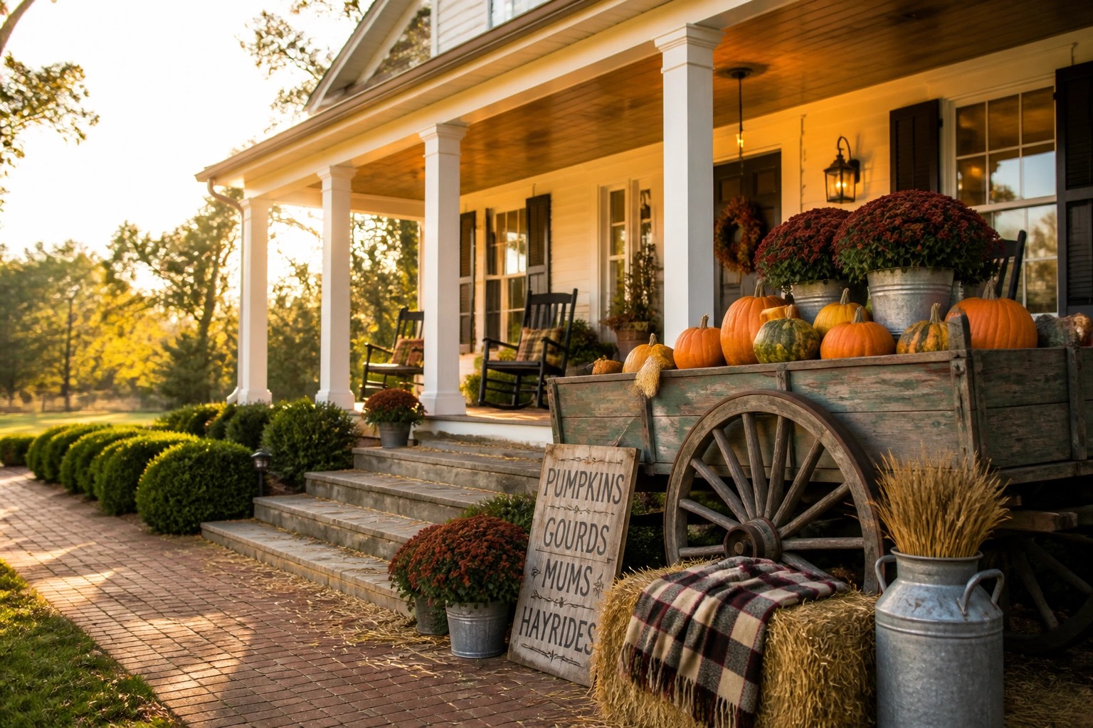 A rustic wooden wagon filled with pumpkins, gourds, and red chrysanthemums sits on a brick path beside the steps of a white house porch, with a wooden sign leaning against the front wheel.