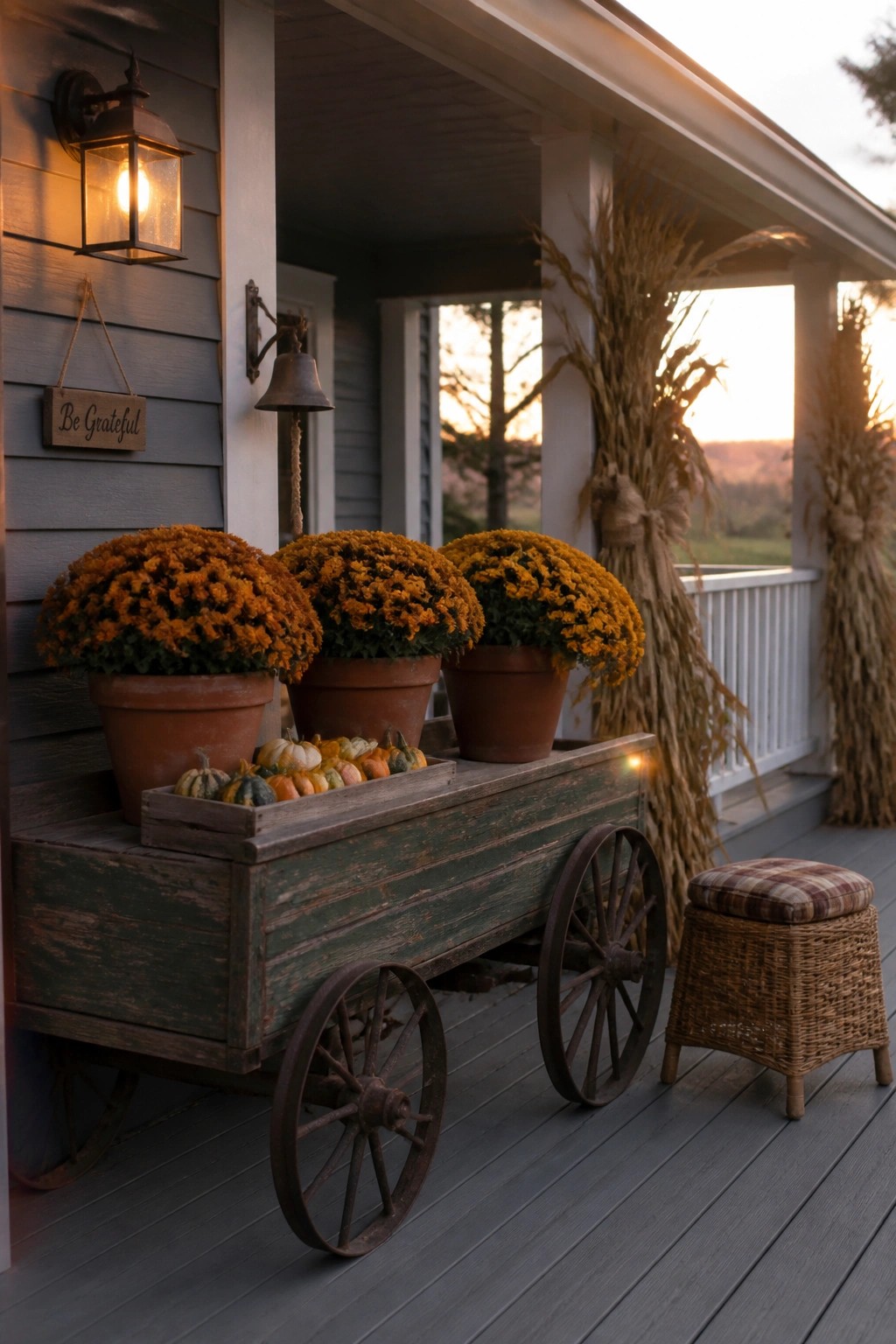 A weathered wooden wagon holding potted orange chrysanthemums and small gourds sits on a gray porch next to corn stalks and a lit lantern.