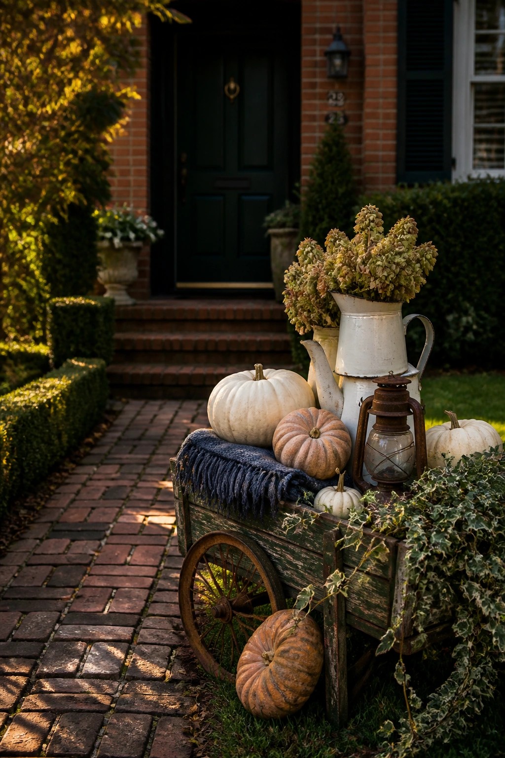 A weathered wooden wagon holding pumpkins, a lantern, and a metal pitcher with dried foliage sits on a brick walkway in front of a brick house with a dark green door.