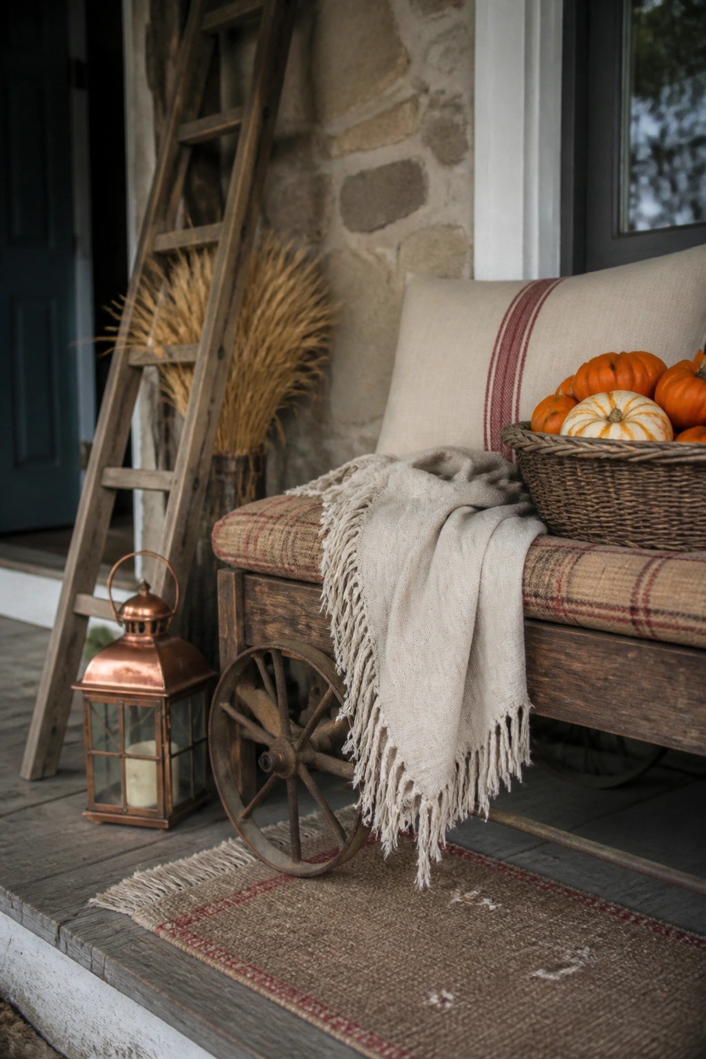 A rustic wooden wagon bench with plaid cushion sits on a porch beside a basket of pumpkins, a copper lantern, and a ladder with dried wheat against a stone wall.