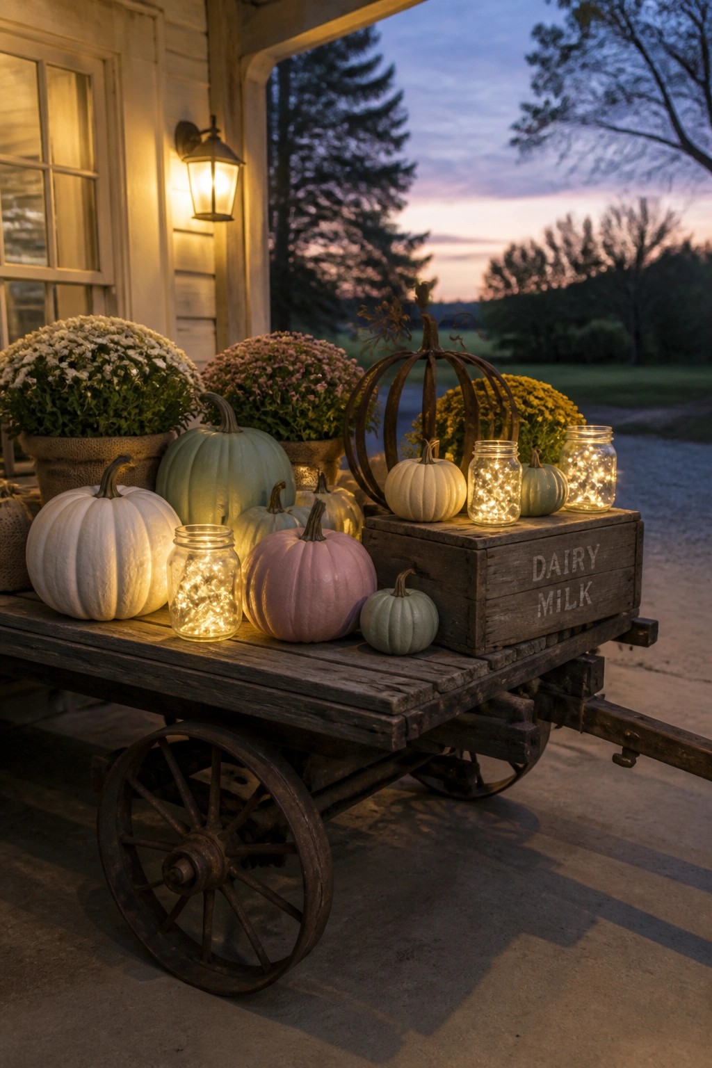 A wooden wagon holds pumpkins in white, pink, and green tones along with potted mums and glowing mason jars on a house porch at dusk.