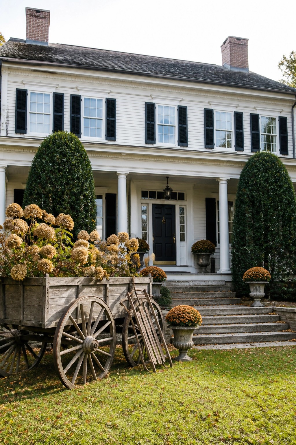 A white two-story house with black shutters and a front porch has a large wooden wagon filled with dried hydrangeas sitting on the lawn near the steps.