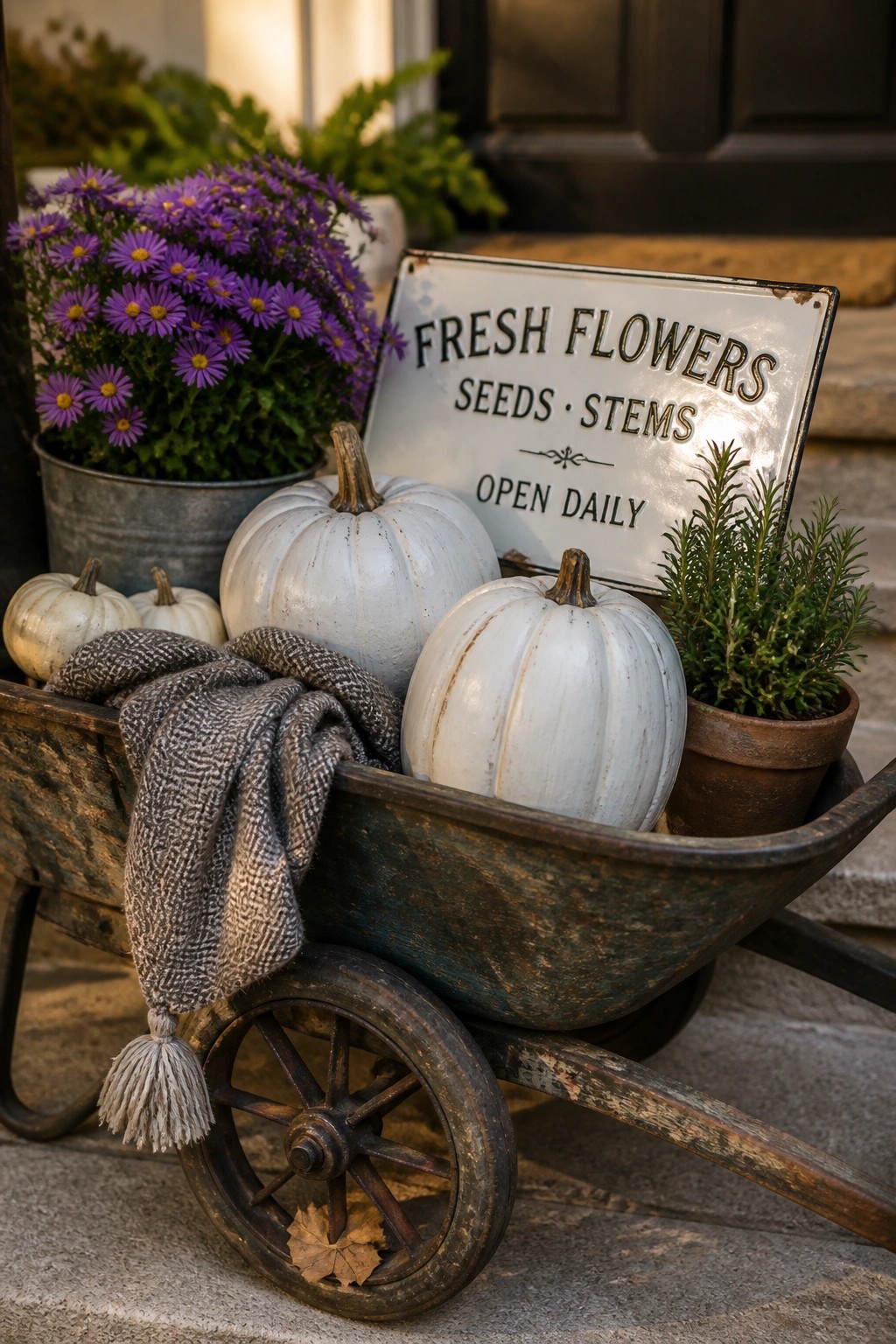 A rusted wheelbarrow holding white pumpkins, a gray blanket, and potted greenery sits on stone steps next to a metal sign and a pot of purple flowers.