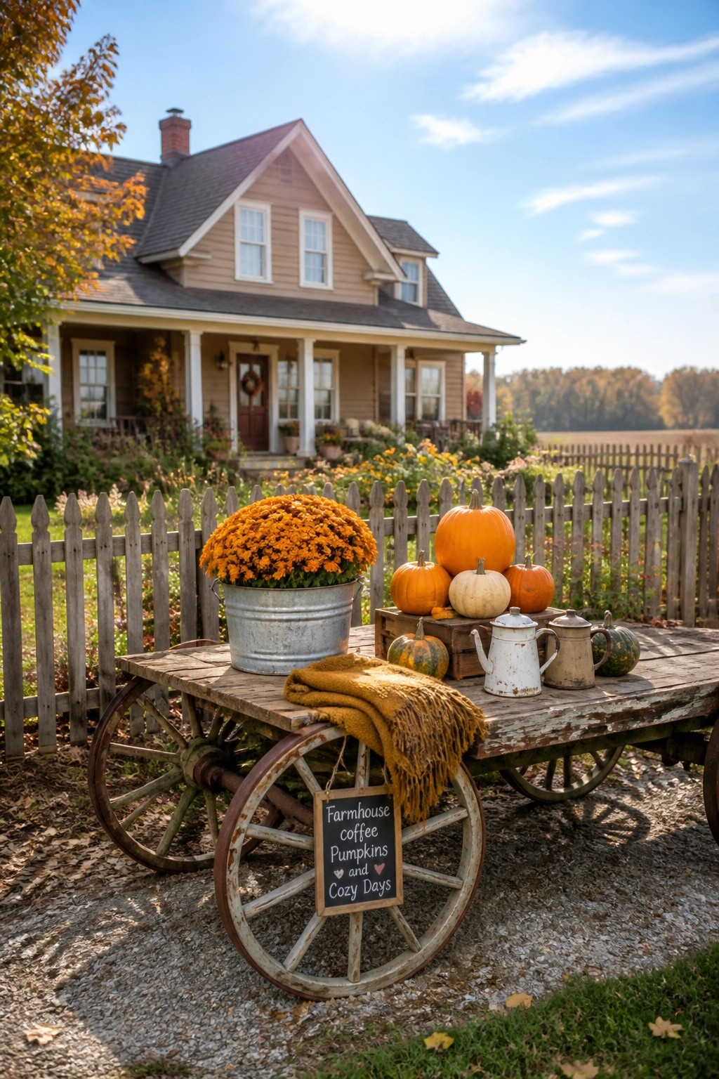 Rustic wooden cart with pumpkins, orange flowers, blanket, and chalkboard sign by farmhouse