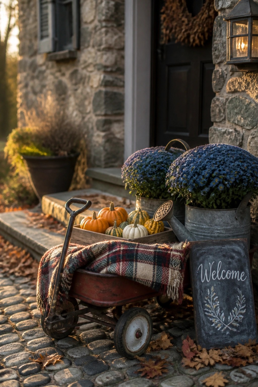 A red metal wagon holding small pumpkins and a plaid blanket rests on a cobblestone path beside potted blue flowers and a chalk welcome sign in front of a stone house entrance.